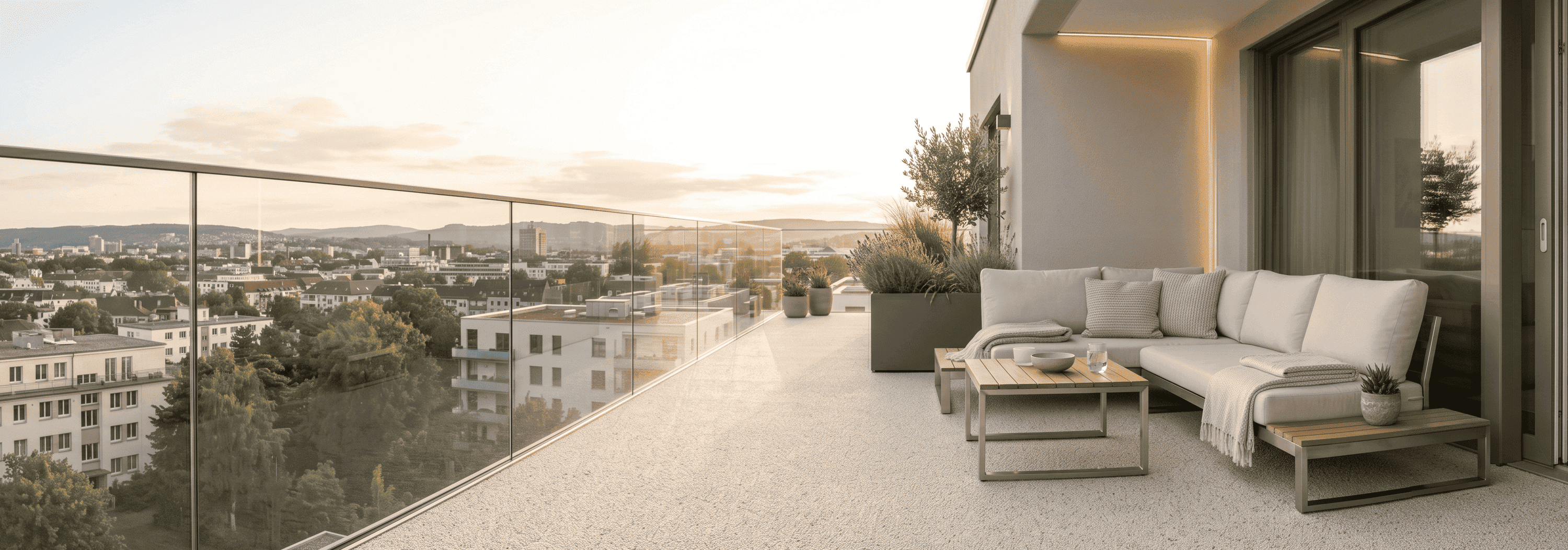 Moderner Steinteppich in Beige auf einer Dachterrasse mit Glasgeländer, Loungebereich und weitem Stadtblick.