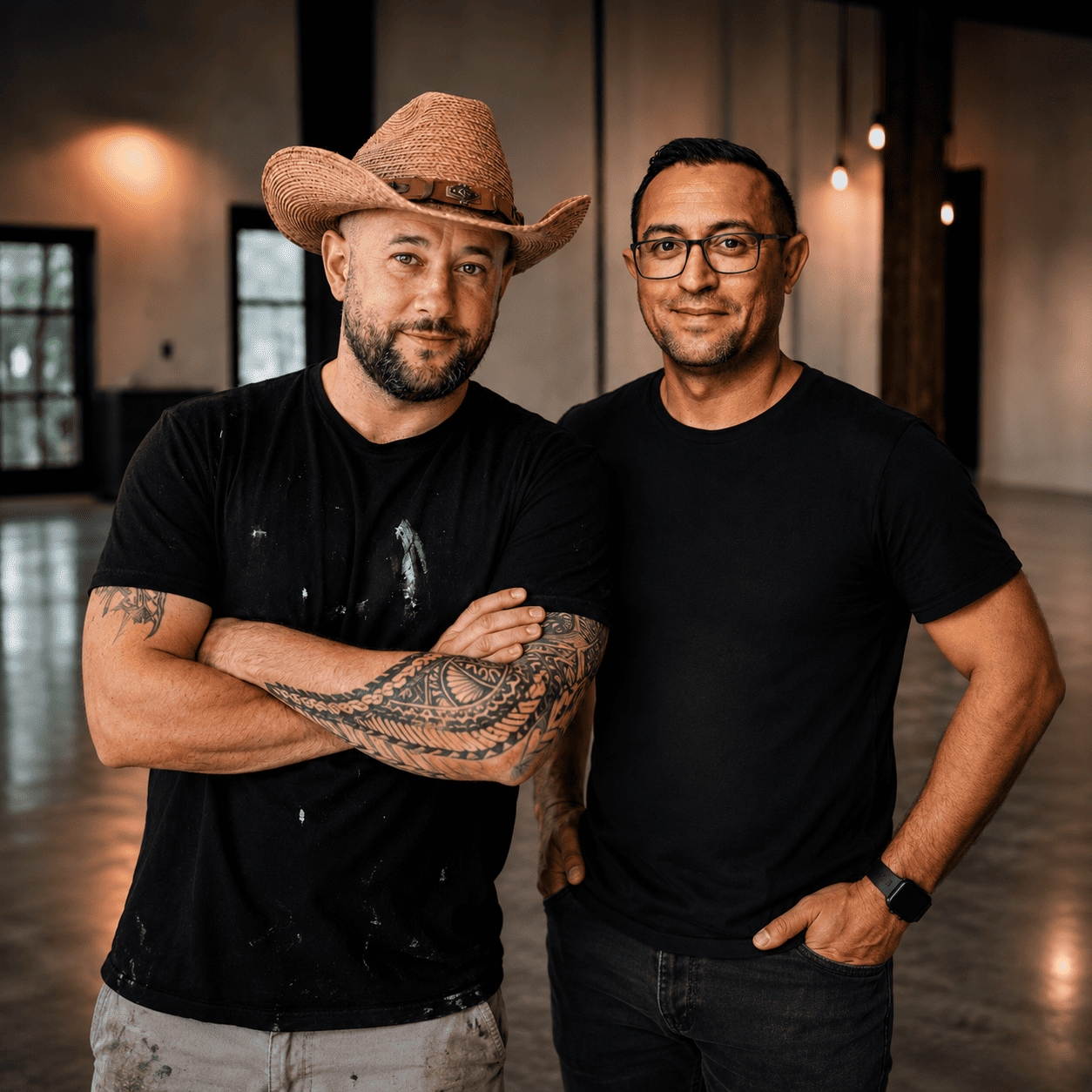 Geschäftsführer Dimitrij Botscharow und Sascha „Epoxy Cowboy“ Fahnemann im PureResin Showroom vor einem fugenlosen Designboden.