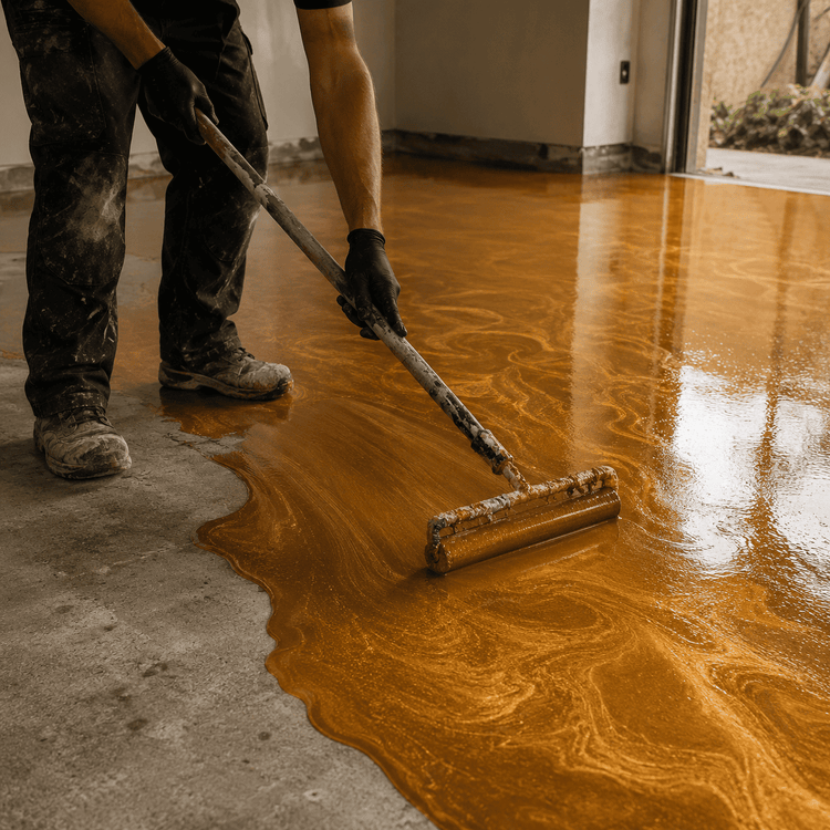 Ein Mann streicht einen Beton Boden in goldener Farbe mit einem Farbroller