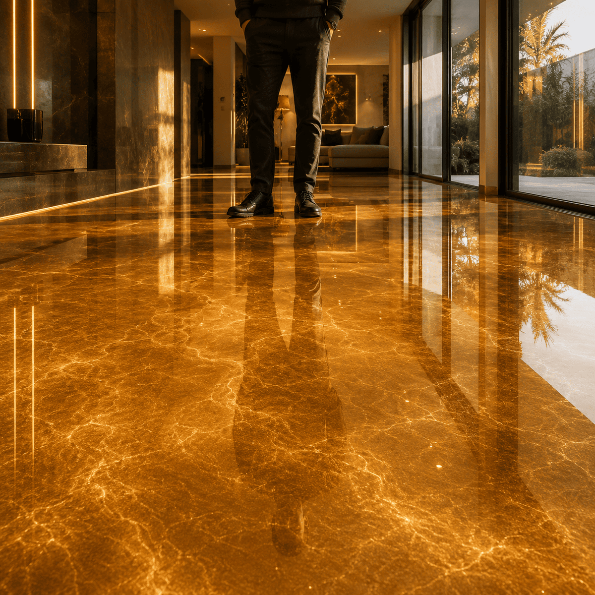 Satin Gold UV Metallic-Epoxidharz-Boden mit edler Goldoptik, luxuriöser Marmorstruktur, intensivem Perleffekt, hochglänzender Oberfläche und beeindruckender Spiegelreflexion – präsentiert im modernen Innenraum mit außergewöhnlicher Tiefenwirkung.