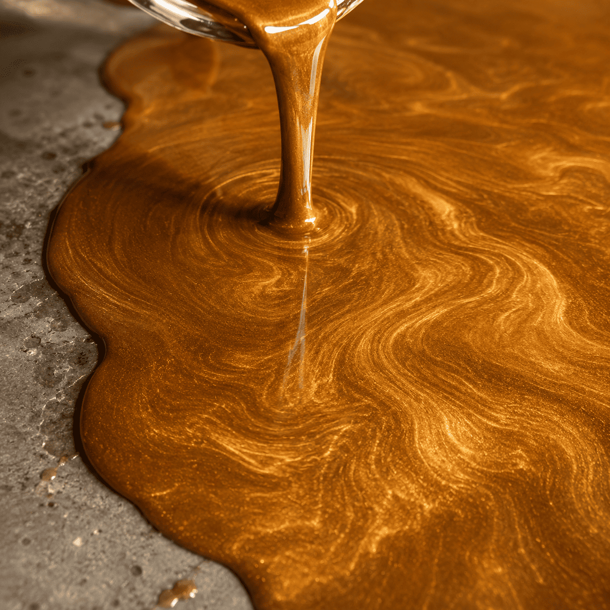 Gold gefärbtes Harz wird aus einem Eimer auf einen Beton Boden gegossen