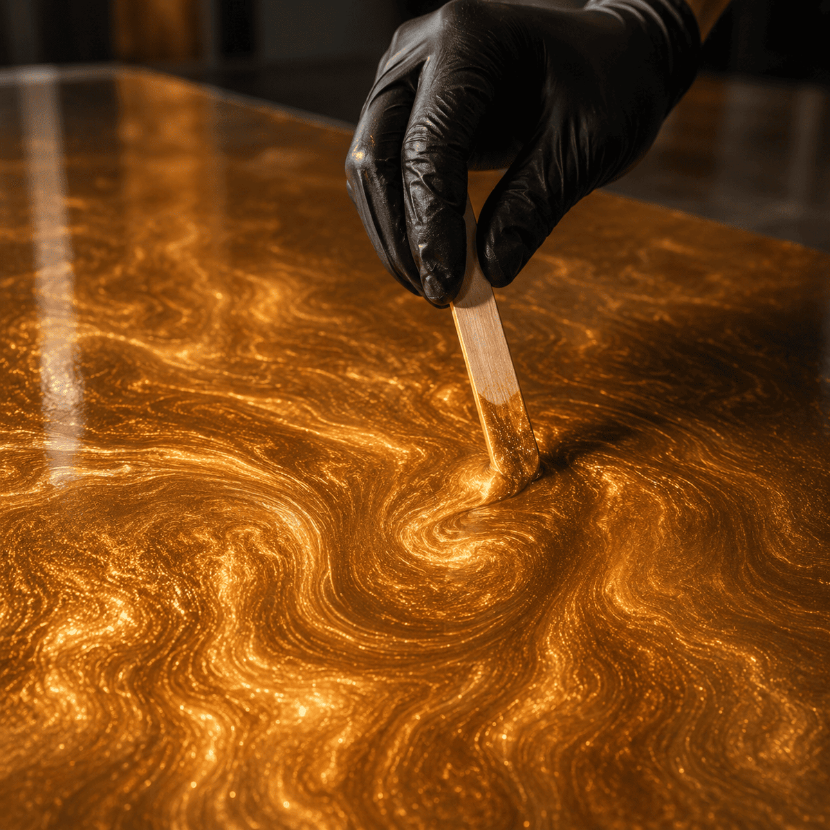 Satin Gold UV Metallic-Epoxidharz wird mit einem Holzspatel zu einer edlen Marmorstruktur mit intensivem Perleffekt, brillantem Goldschimmer und faszinierender Tiefenwirkung gestaltet.