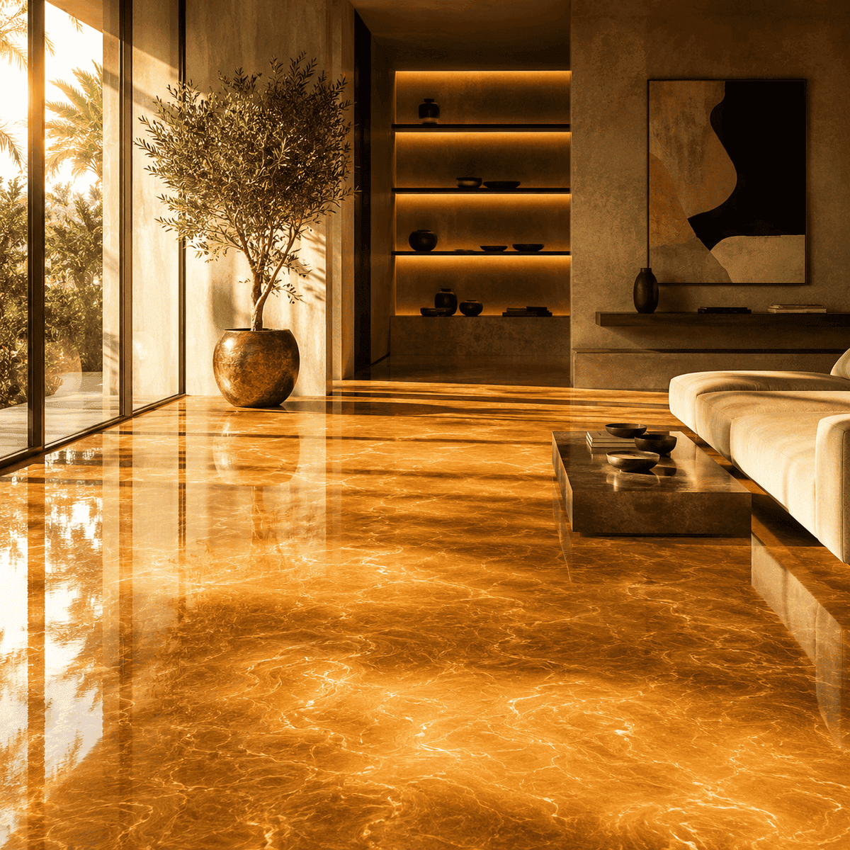 Satin Gold UV Metallic-Epoxidharz-Boden mit edler Goldoptik, luxuriöser Marmorstruktur, intensivem Perleffekt, hochglänzender Oberfläche und beeindruckender Spiegelreflexion im exklusiven modernen Wohnbereich.