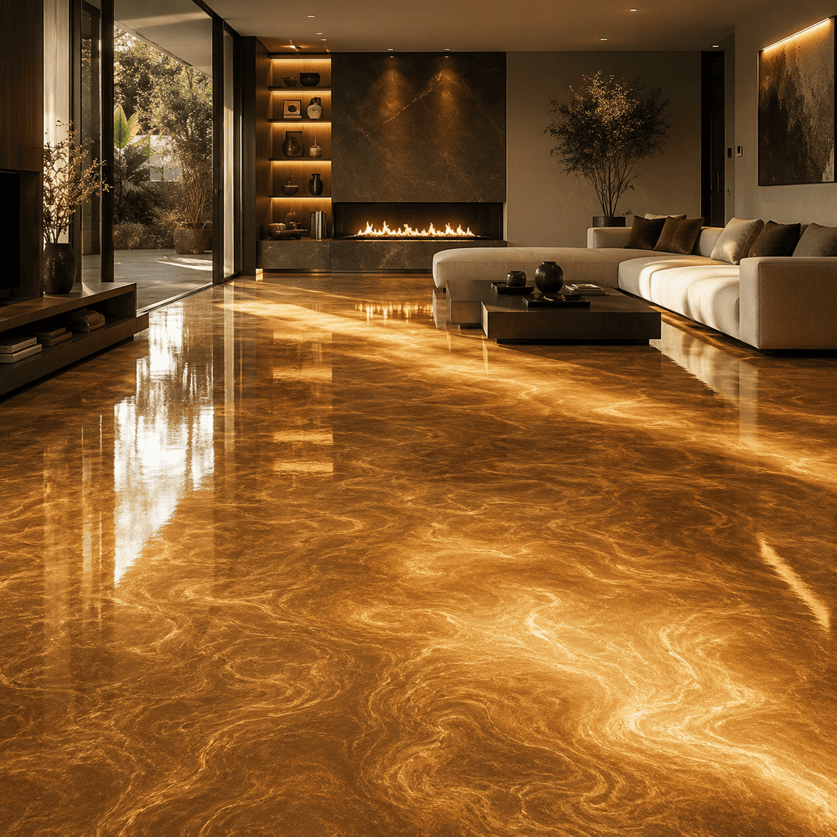 Satin Gold UV Metallic-Epoxidharz-Boden mit edler Goldoptik, luxuriöser Marmorstruktur, intensivem Perleffekt, hochglänzender Oberfläche und beeindruckender Spiegelreflexion im exklusiven modernen Wohnbereich.