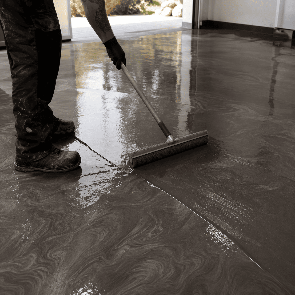 Ein Mann streicht einen Beton Boden in satingrauer Farbe mit einem Farbroller