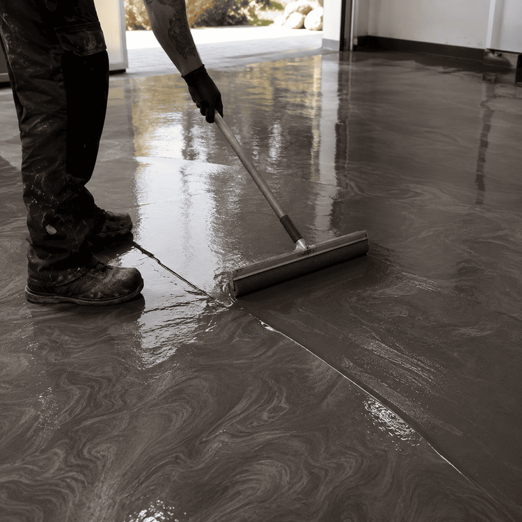Ein Mann streicht einen Beton Boden in satingrauer Farbe mit einem Farbroller