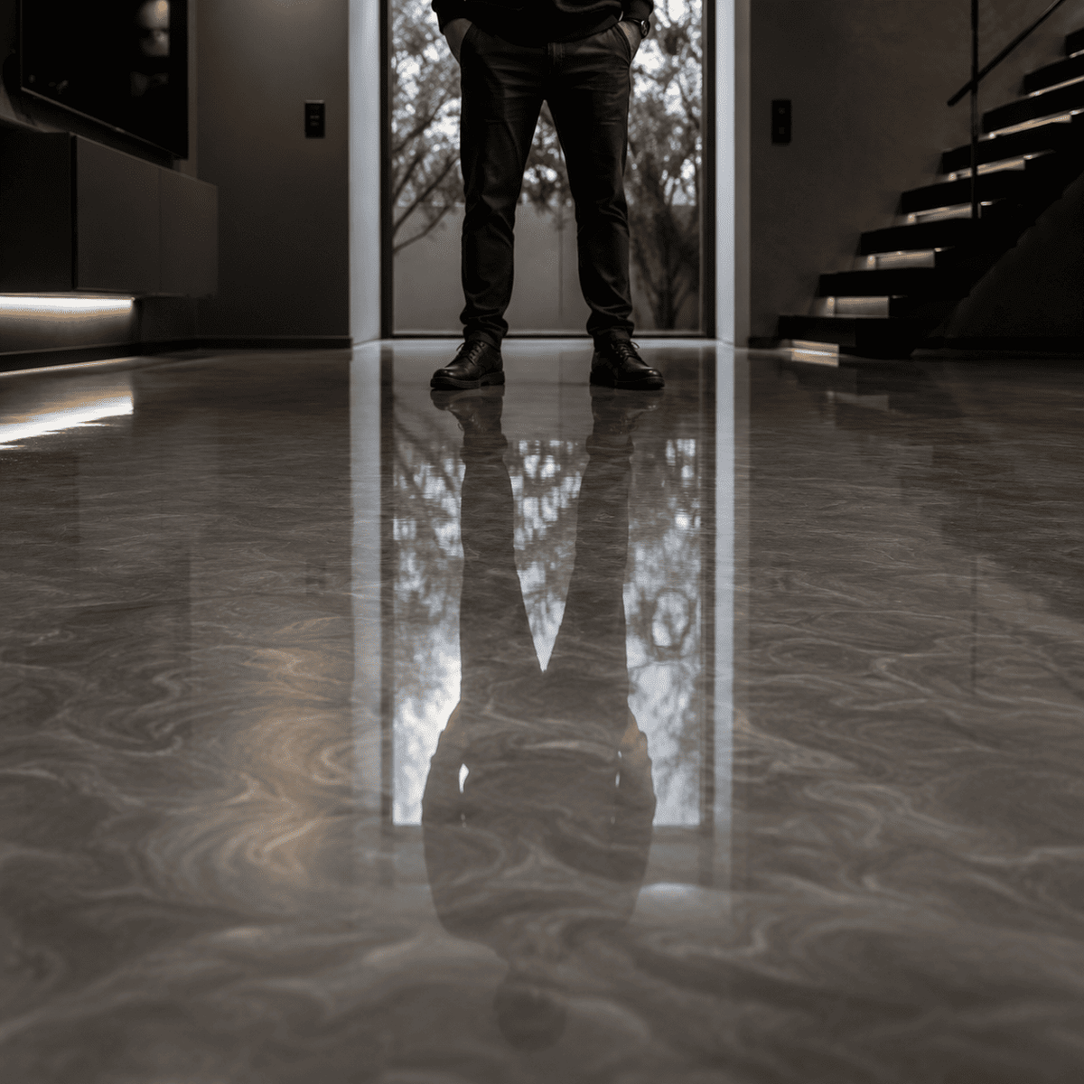 Satin Grey UV Metallic-Epoxidharz-Boden mit eleganter Naturstein-Optik, luxuriöser Marmorstruktur, dezentem Perleffekt, hochglänzender Oberfläche und beeindruckender Spiegelreflexion – präsentiert im modernen Innenraum mit außergewöhnlicher Tiefenwirkung.