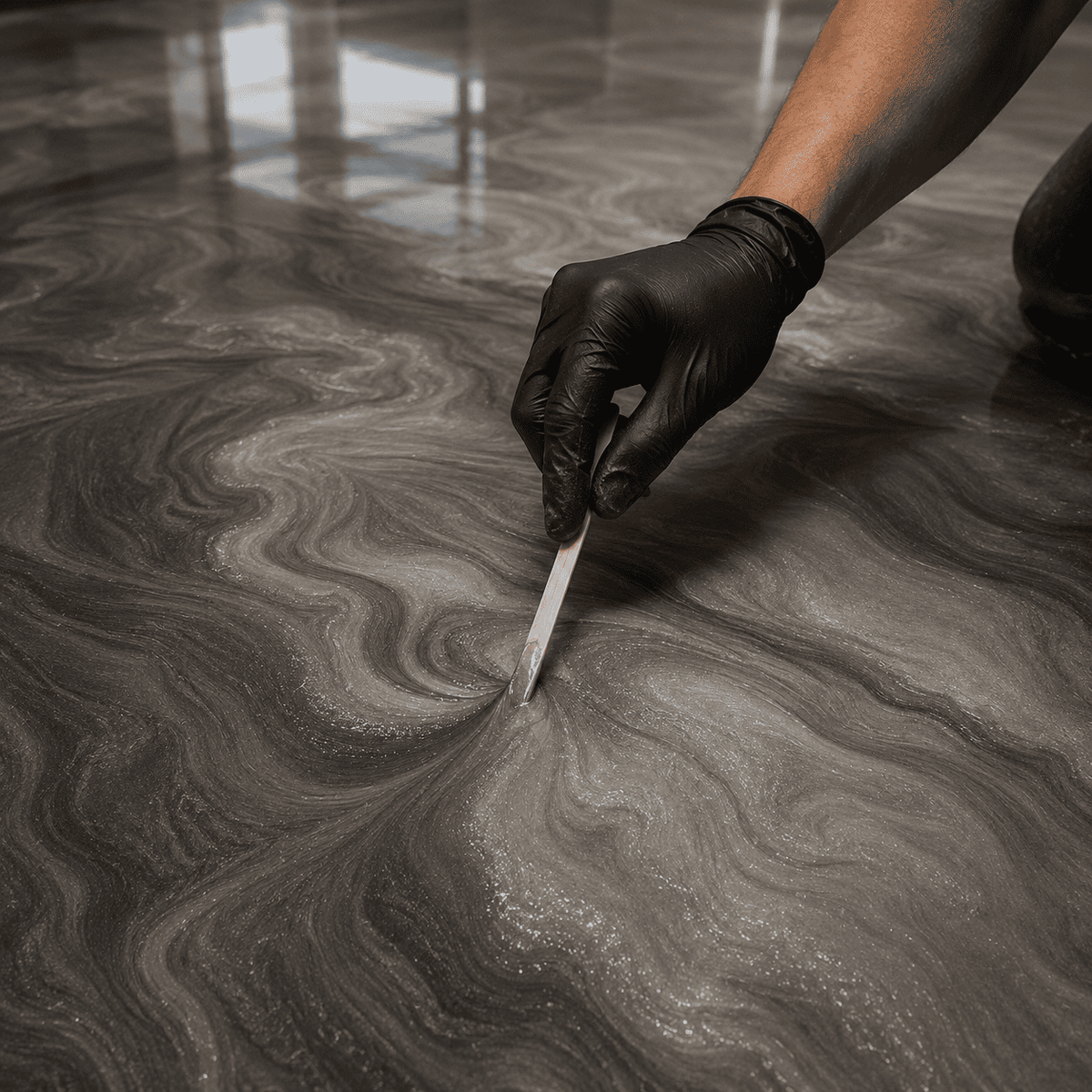 Satin Grey UV Metallic-Epoxidharz wird mit einem Holzspatel zu einer eleganten Marmorstruktur mit edlem Perleffekt, seidigem Schimmer und faszinierender Tiefenwirkung gestaltet.