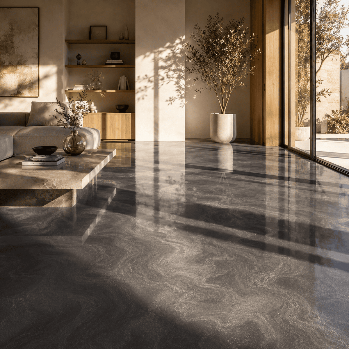 Satin Grey UV Metallic-Epoxidharz-Boden mit eleganter Naturstein-Optik, luxuriöser Marmorstruktur, dezentem Perleffekt, hochglänzender Oberfläche und beeindruckender Spiegelreflexion im modernen Wohnbereich.