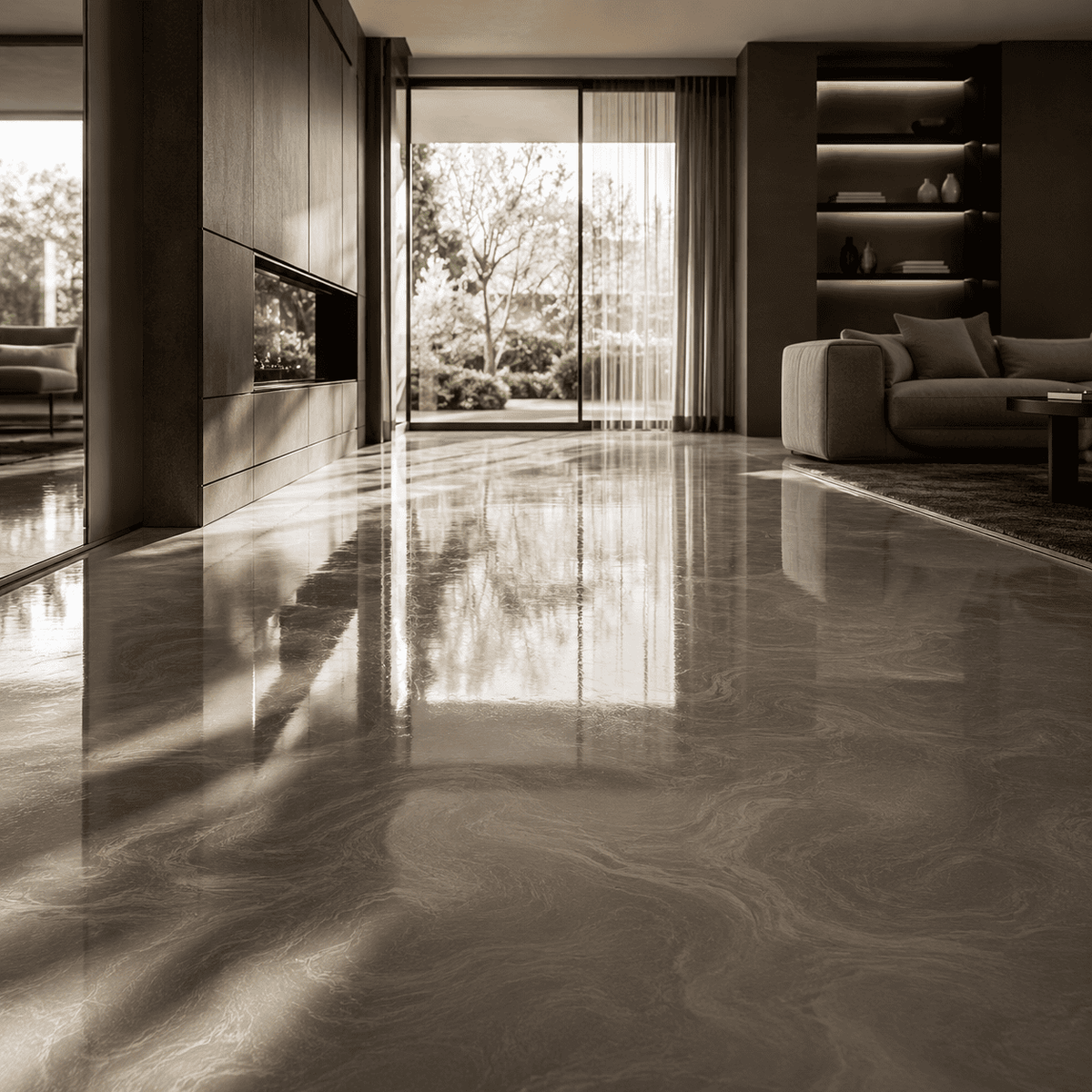 Satin Grey UV Metallic-Epoxidharz-Boden mit eleganter Naturstein-Optik, luxuriöser Marmorstruktur, dezentem Perleffekt, hochglänzender Oberfläche und beeindruckender Spiegelreflexion im exklusiven modernen Wohnbereich.