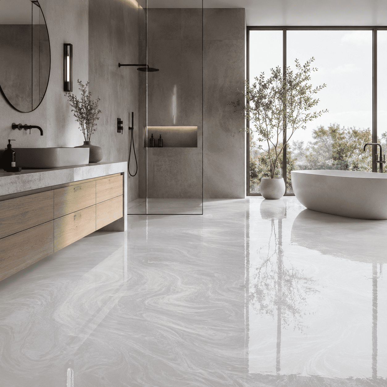 Satinweißes Badezimmer mit Dusche