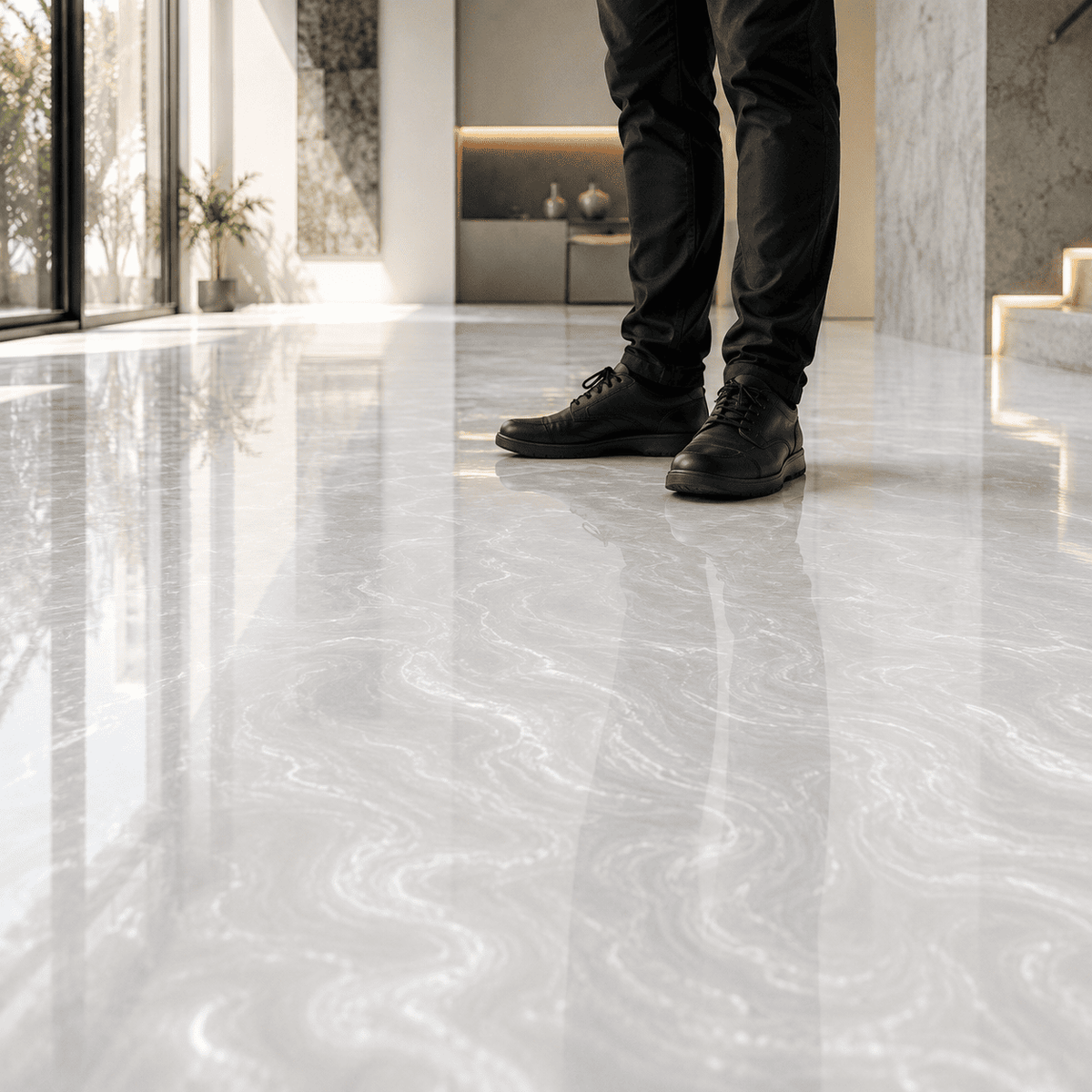 Satinweißer Metallic-Epoxidharz-Boden mit hochglänzender Marmorstruktur