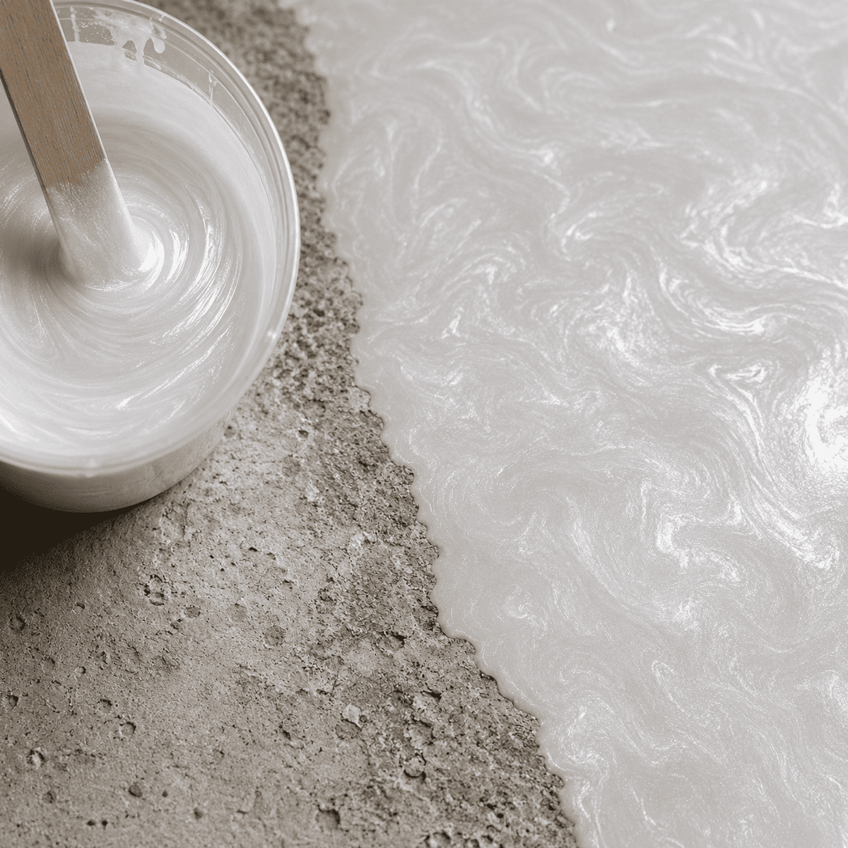 Satinweißes Metallic-Epoxidharz im Mischbecher und auf Betonboden aufgetragen