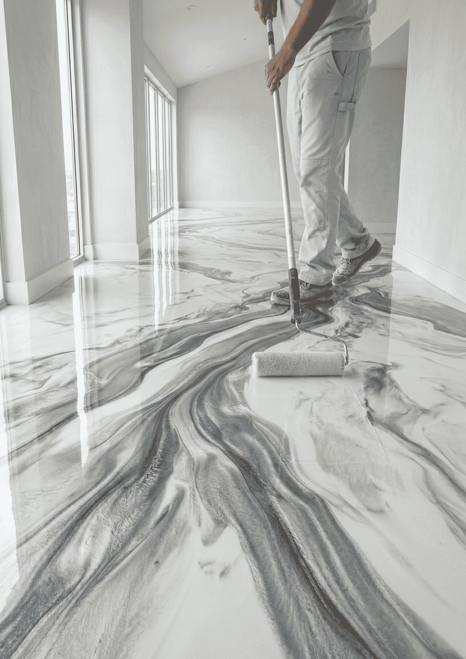 Transparente Epoxidharz-Versiegelung wird mit einer Rolle auf einen weißen Metallic-Epoxidharz-Boden in Marmoroptik aufgetragen.