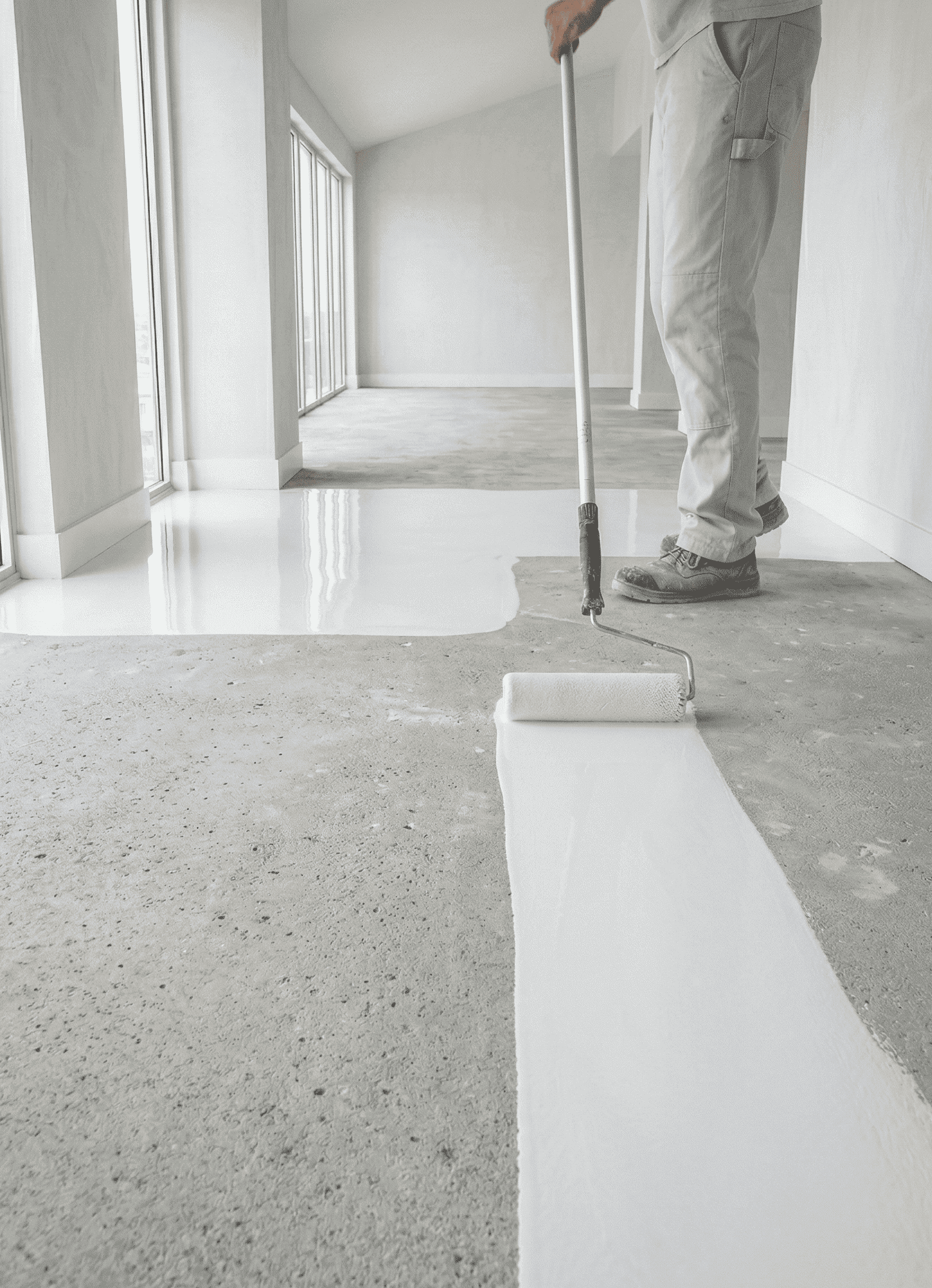 Weiße Epoxidharz-Grundierung wird mit einer Rolle gleichmäßig auf einen Betonboden als Haftgrund für die Bodenbeschichtung aufgetragen.
