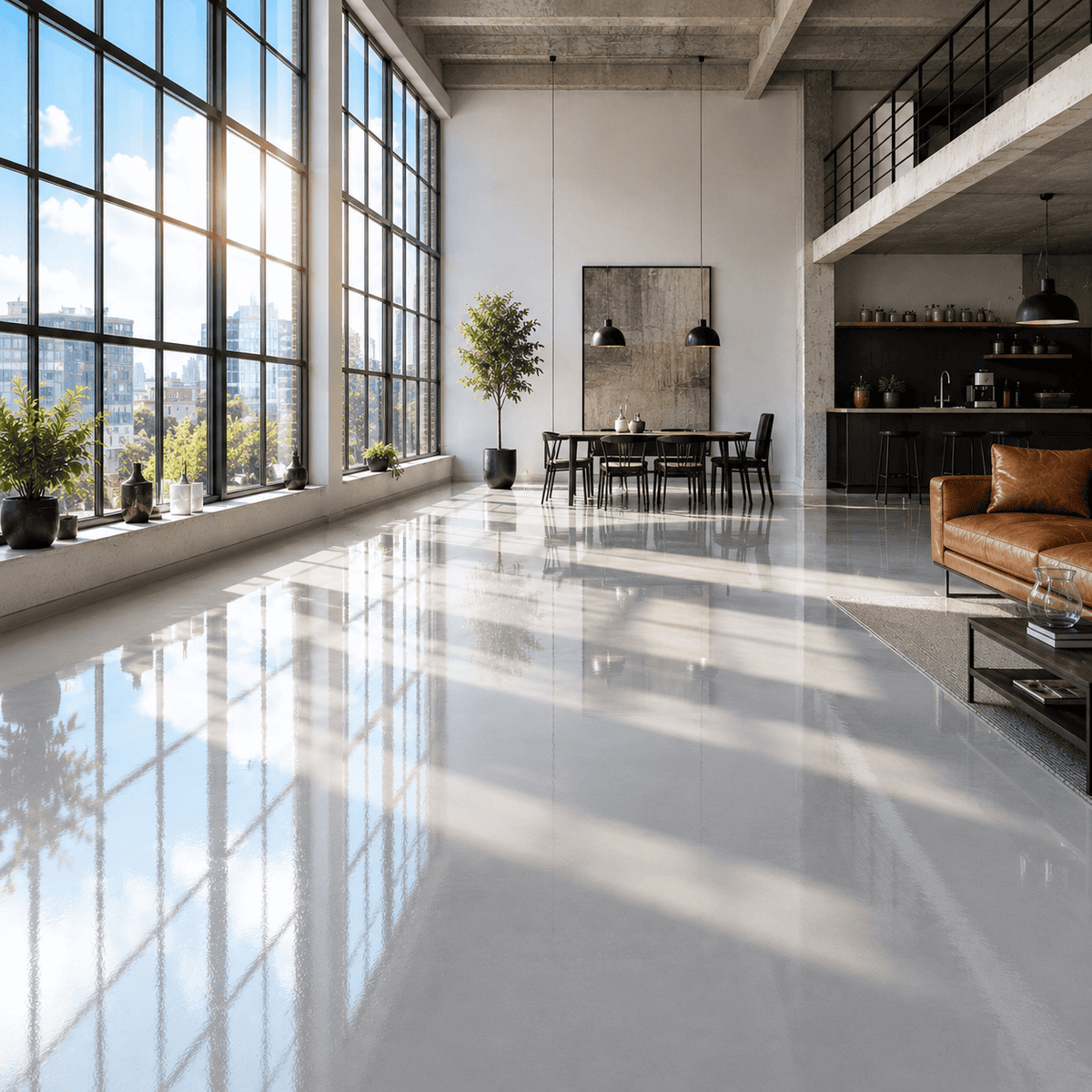 Eingerichtetes Loft mit weißem Boden und großen Fenstern