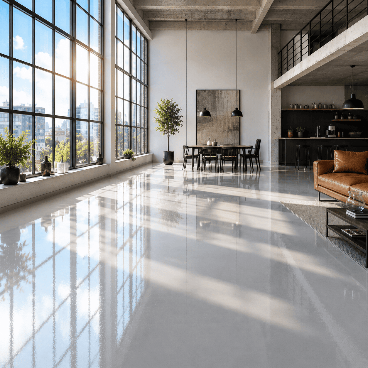 Eingerichtetes Loft mit weißem Boden und großen Fenstern