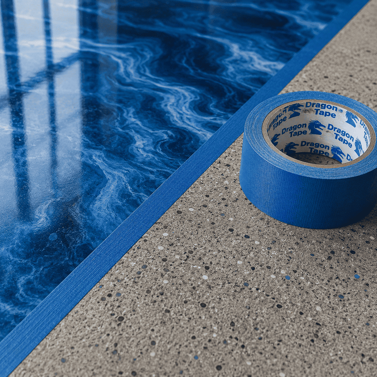 Blaues Dragon Tape Abdeckband neben einer abgeklebten Epoxidharzfläche mit blauem Marmoreffekt für saubere Beschichtungskanten.