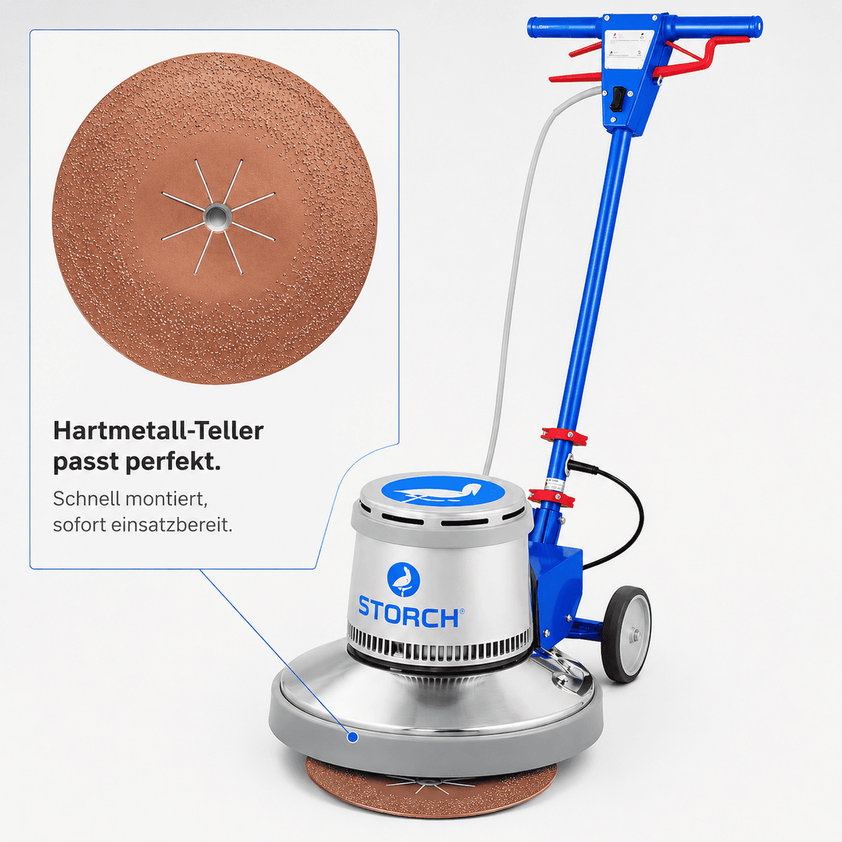 Bodenschleifmaschine mit montiertem Hartmetall-Schleifteller für die effektive Vorbereitung und Sanierung von Betonuntergründen.