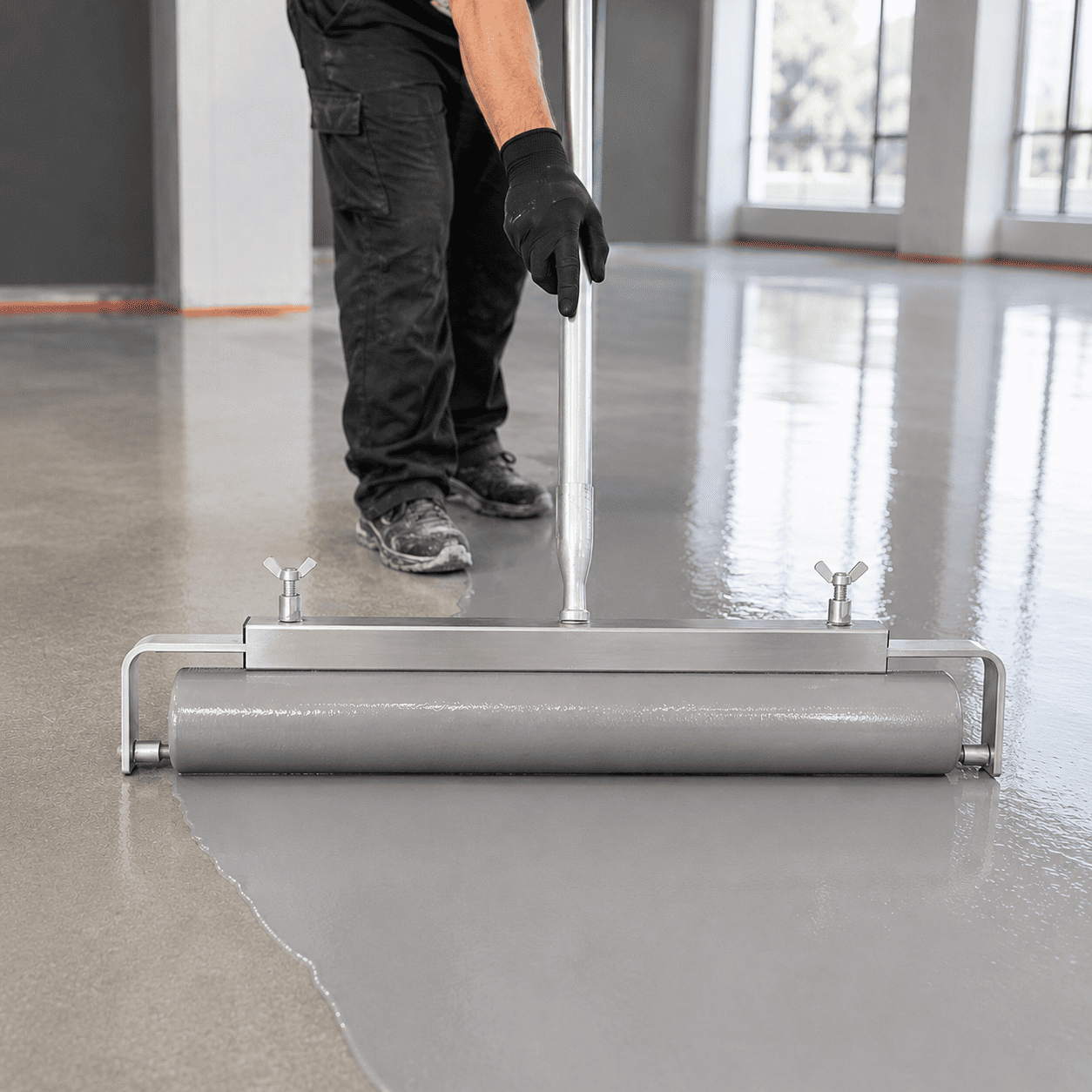 Ein Mann verwendet den aluminium Walzenbügel um einen Boden in grau zu streichen