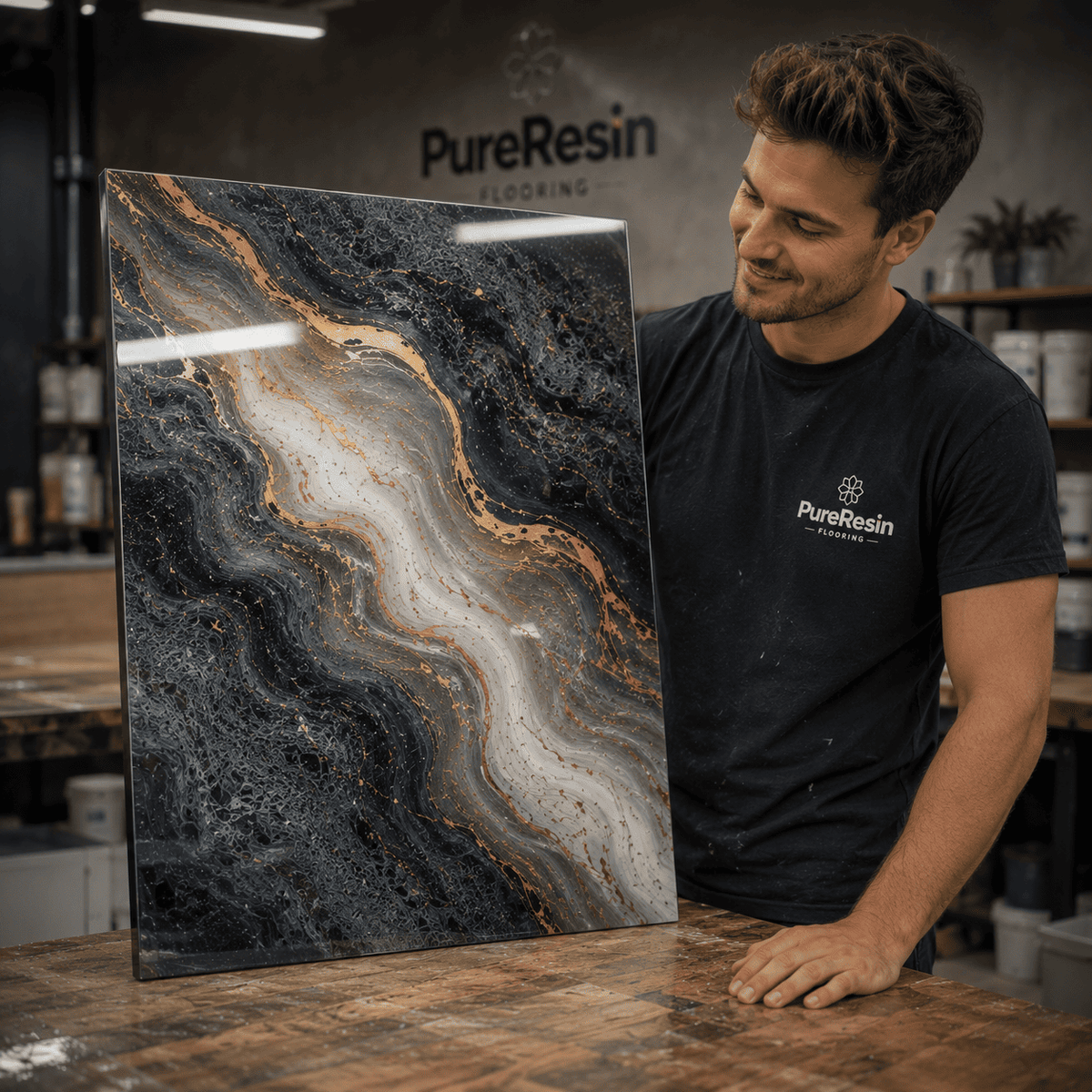 Ein Pure Resin Mitarbeiter schaut auf eine Grau, weiß, goldene Musterplatte im Showroom