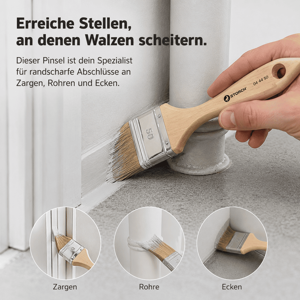 50-mm-Flachpinsel für präzises Beschichten von Türzargen, Rohren und Ecken – ermöglicht saubere Kanten und gleichmäßigen Materialauftrag auch an schwer erreichbaren Stellen.