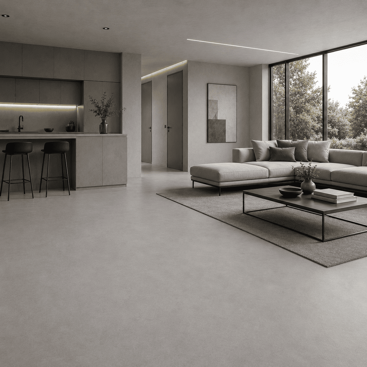 Moderner Wohnraum mit offener Küche und fugenlosem Serin Pure Grey Designboden in Betonoptik. Der strapazierfähige Bodenbelag sorgt für eine hochwertige, zeitlose Raumgestaltung.