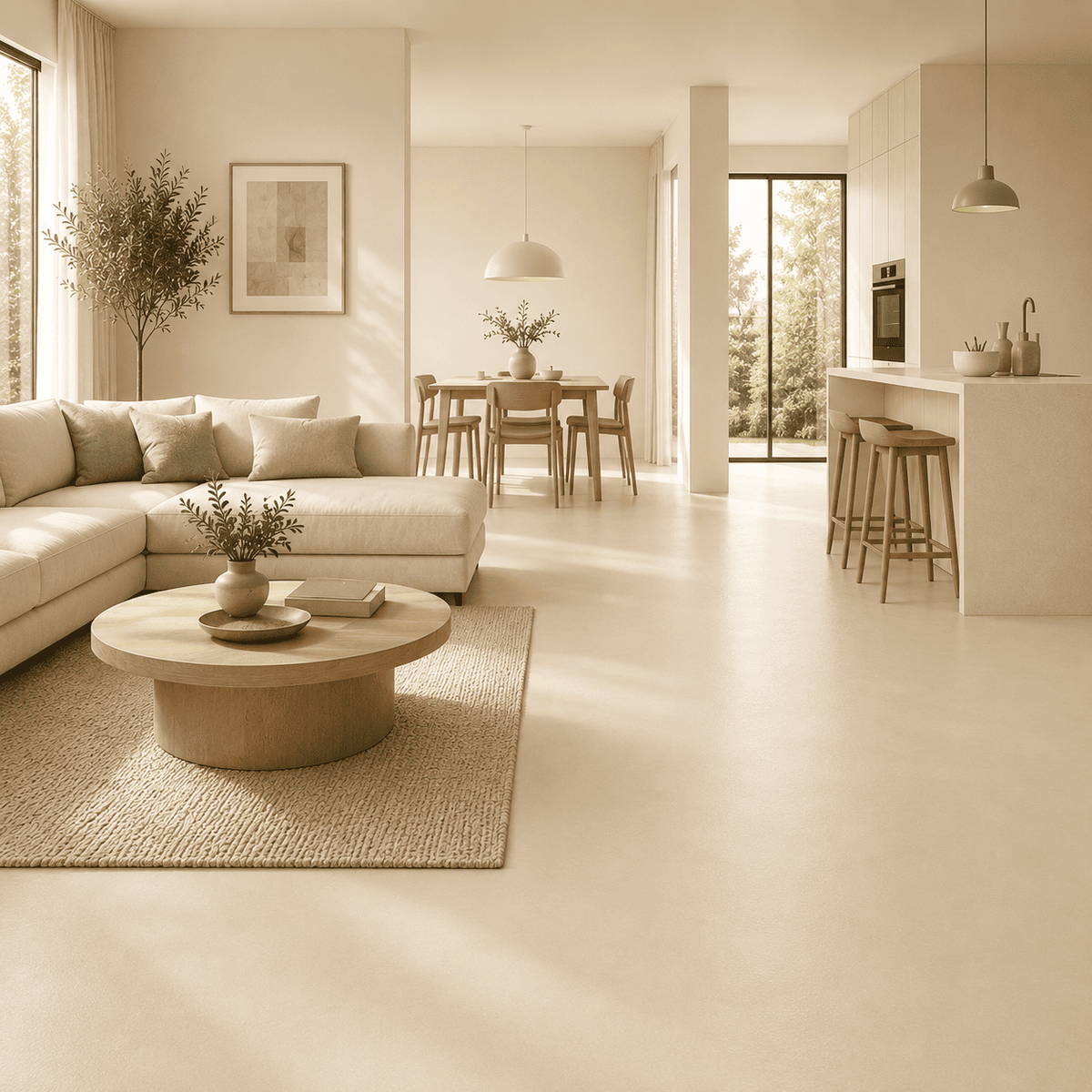 Eine modernes Wohnzimmer mit creme farbigen Boden.