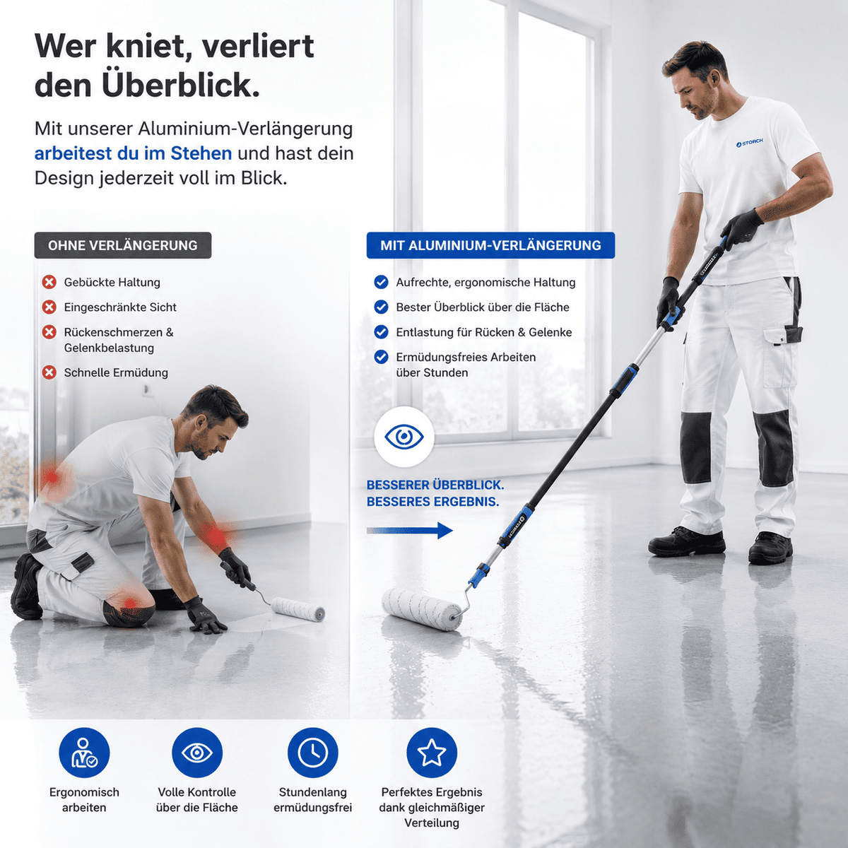 Teleskopstange für ergonomisches Arbeiten im Stehen bei Epoxidharz-Böden