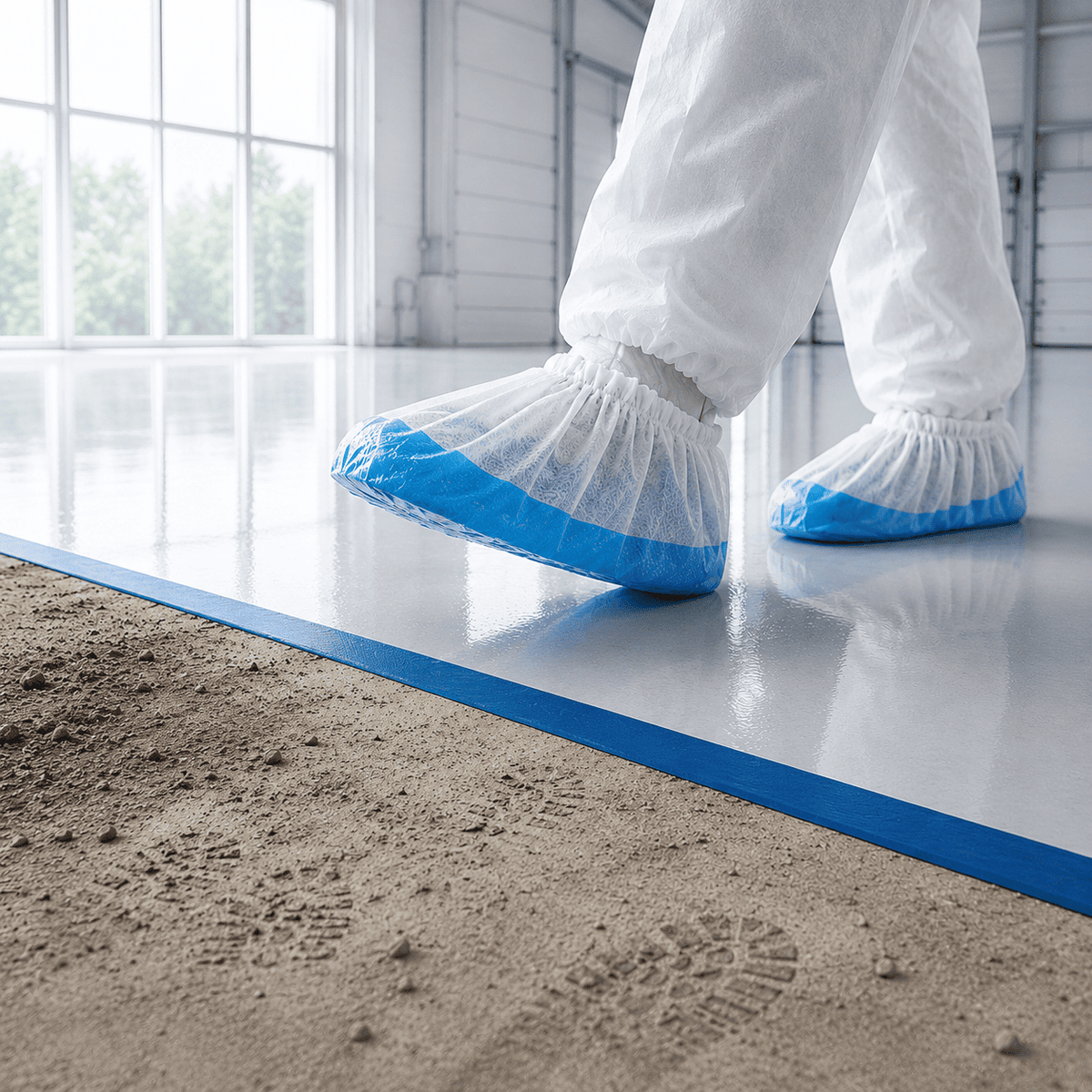 Überziehschuhe schützen frische Epoxidharz-Bodenbeschichtung vor Schmutz und Abdrücken