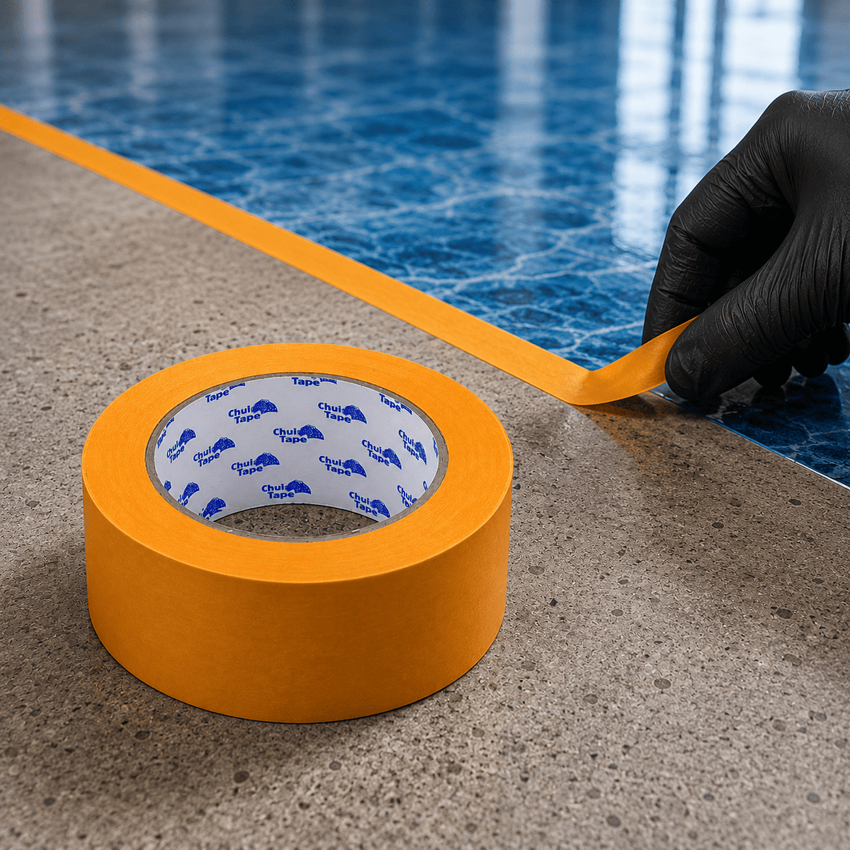 Oranges Washi-Abdeckband wird entlang einer Epoxidharzbeschichtung angebracht und ermöglicht präzise, saubere Farbkanten.