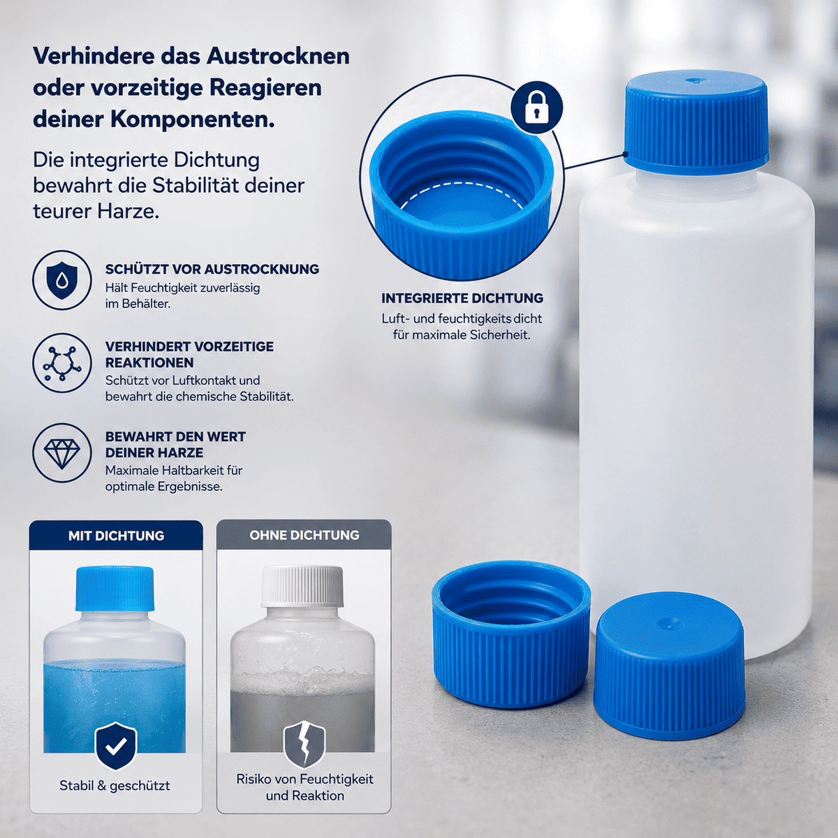 Infografik zu Flaschenverschluss mit integrierter Dichtung für Harzkomponenten – schützt vor Austrocknung, Feuchtigkeit und vorzeitigen Reaktionen.