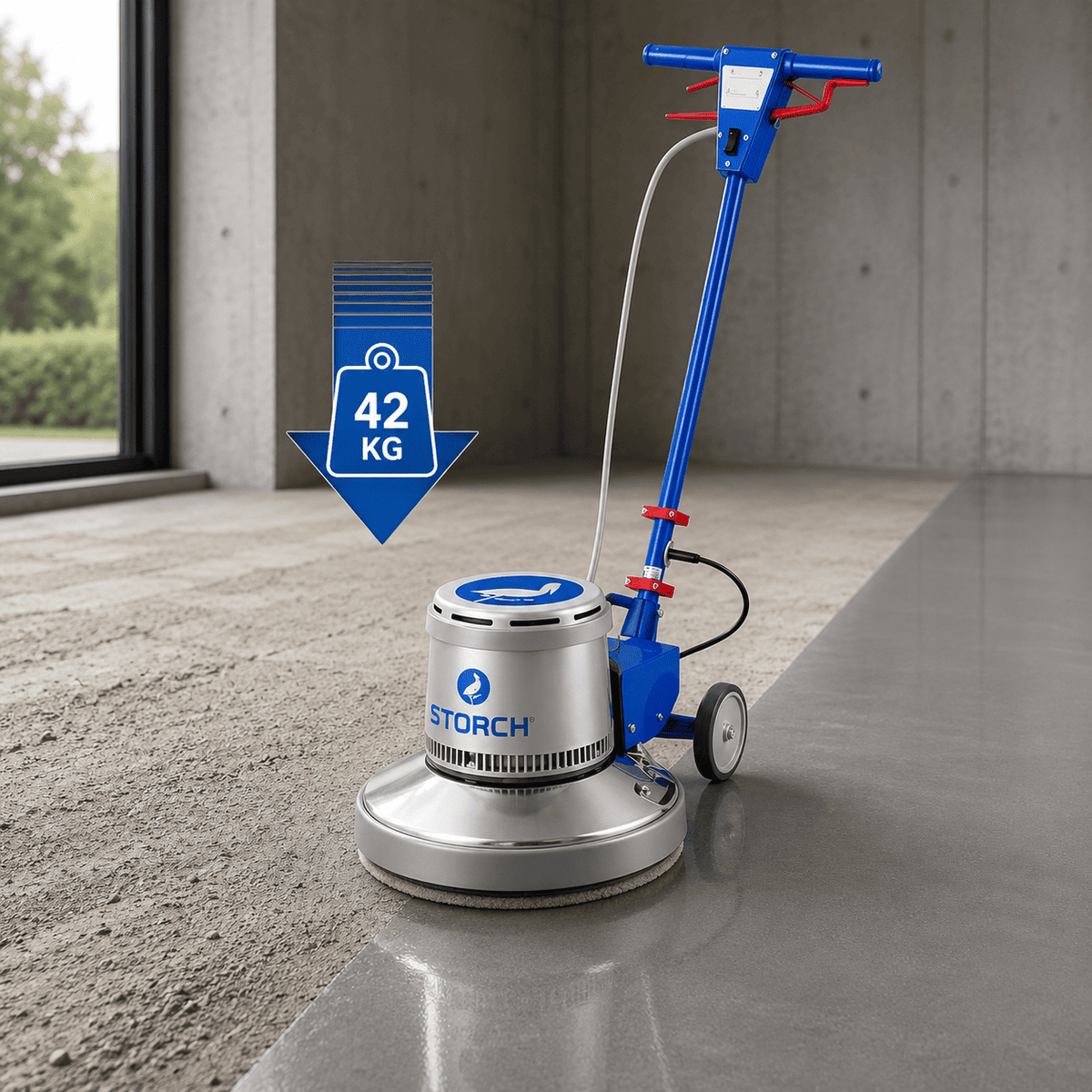 42-kg-Einscheiben-Bodenschleifmaschine für hohen Anpressdruck beim Schleifen und Vorbereiten von Beton- und Estrichböden.