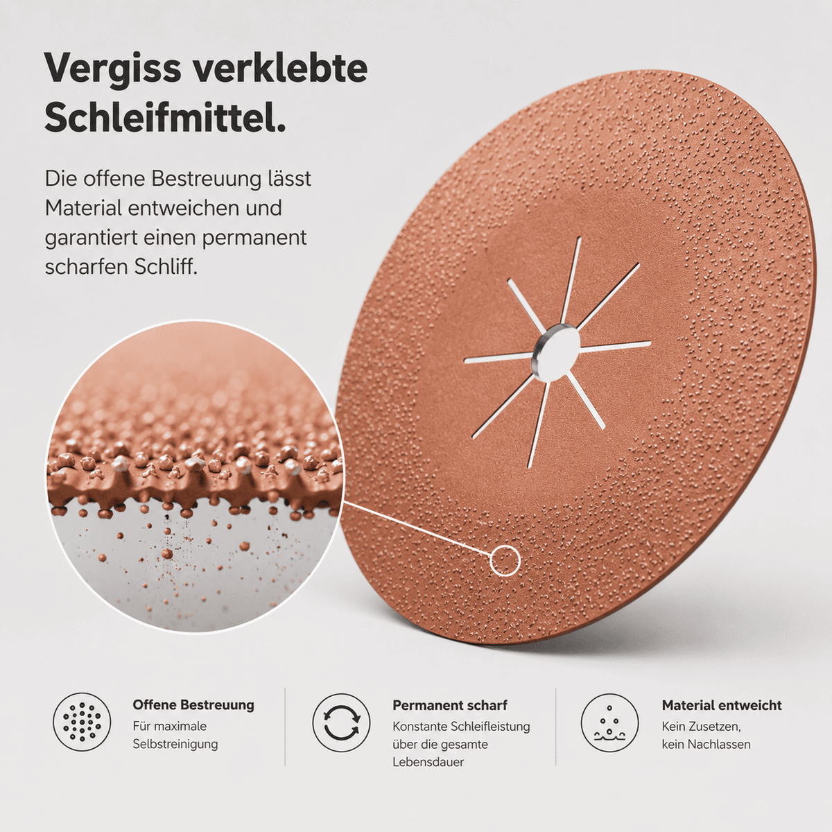 Hartmetall-Schleifteller mit offener Streuung für selbstreinigendes Schleifen und gleichmäßige Materialabtragung auf Betonuntergründen.