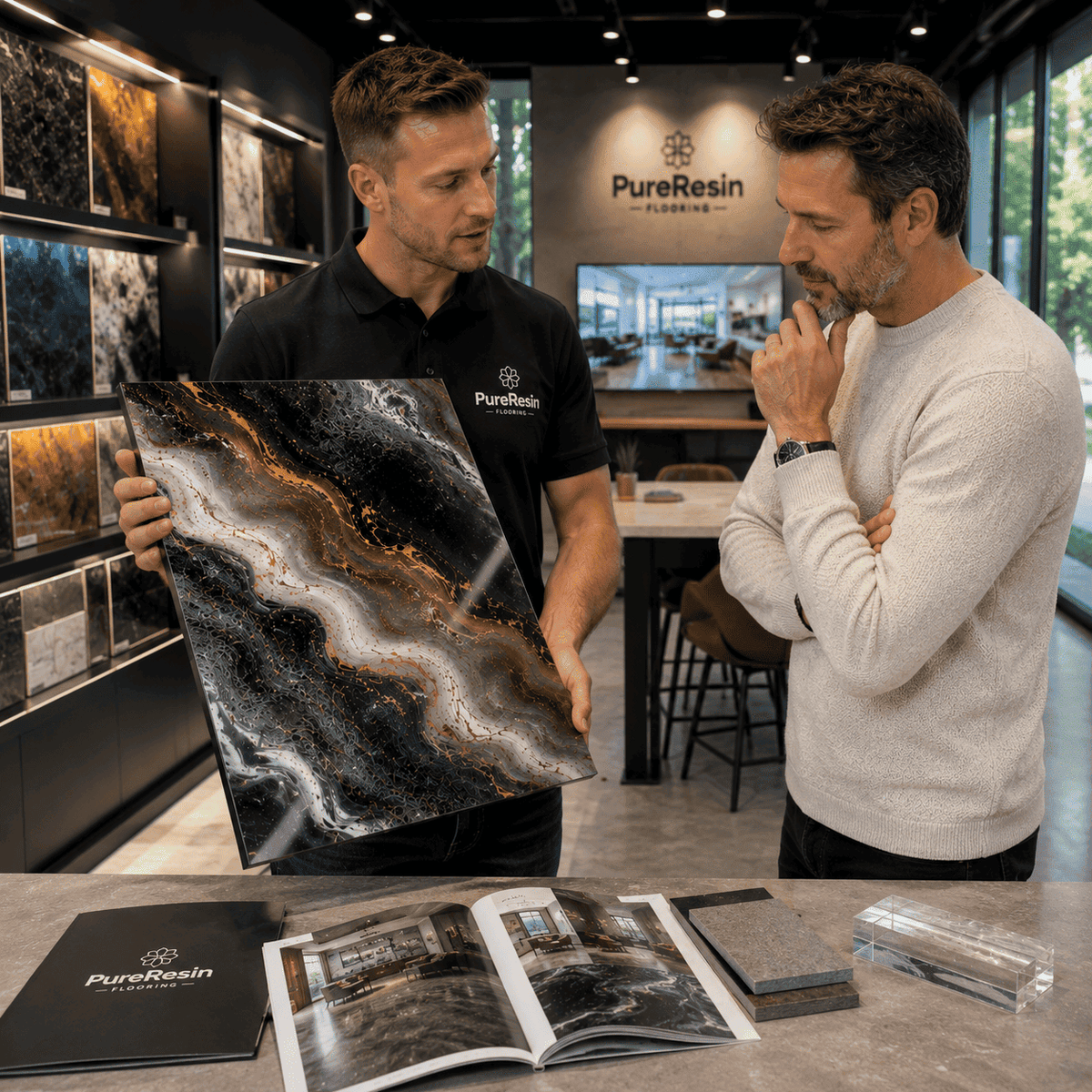 Ein Kundengespräch. Ein Mitarbeiter und ein Kunde schauen sich eine Musterlatte an im Showroom. Vor ihnen liegen Broschüren