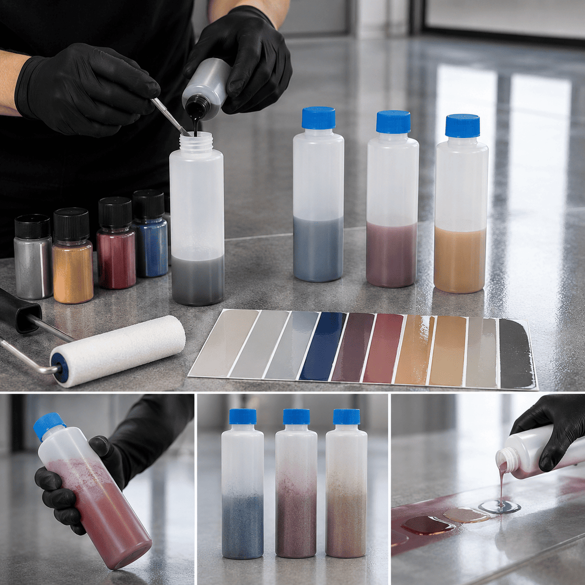 Probenflaschen mit Farbpigmenten für Epoxidharz-Bodenbeschichtung
