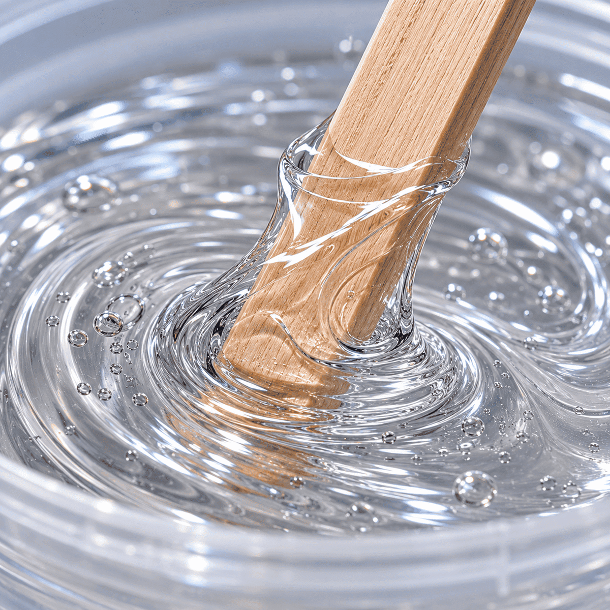 Holzrührstab mischt transparentes Epoxidharz in einem Mischbecher für eine gleichmäßige und blasenarme Verarbeitung.