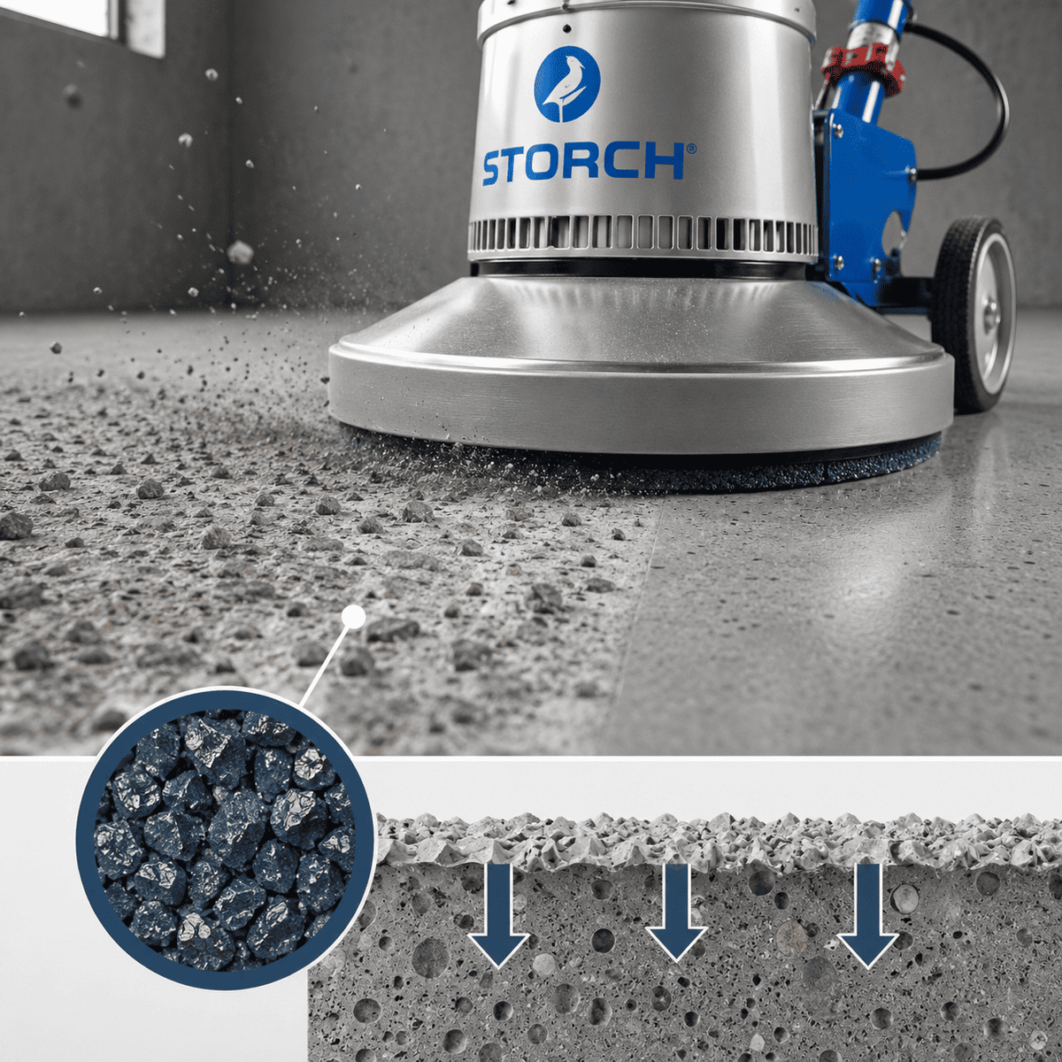 Hartmetall-Schleifteller im Einsatz auf einer Bodenschleifmaschine – entfernt Altbeschichtungen und öffnet den Beton für optimale Haftung neuer Beschichtungen.
