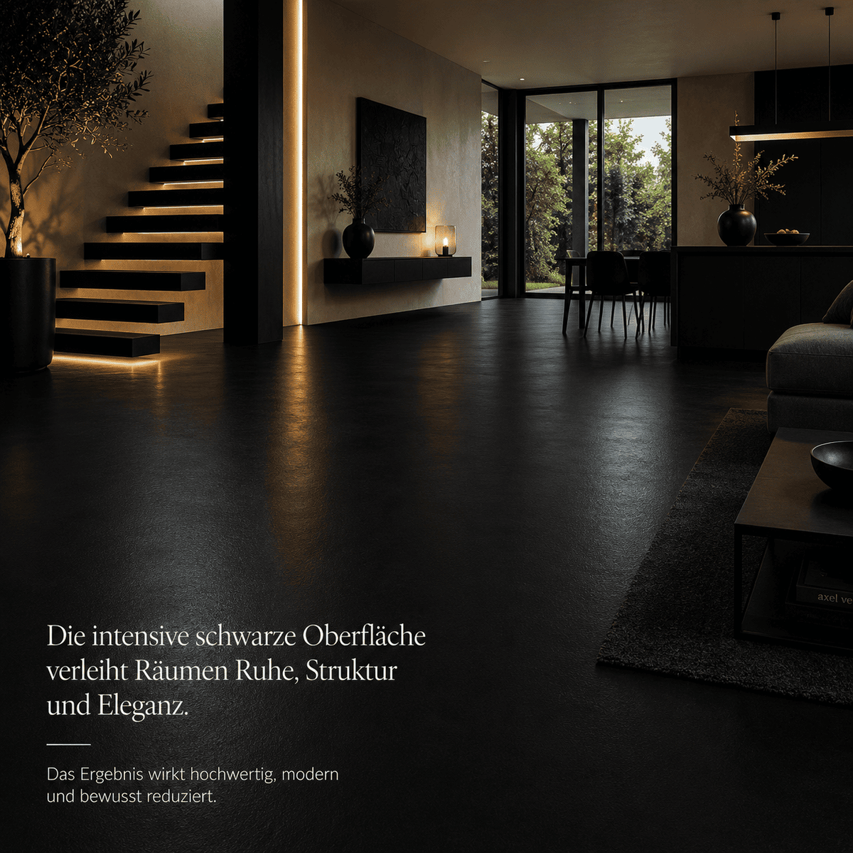 Serin Pure Black Designboden in modernem Wohnbereich mit offener Küche und Treppe, fugenlose schwarze Oberfläche in matter Optik.