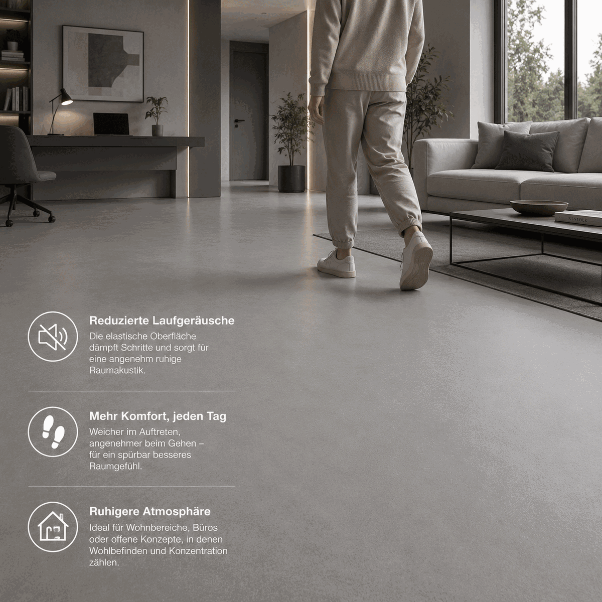 Moderner Wohnraum mit Serin Pure Grey Designboden. Die Infografik zeigt die Vorteile des elastischen Bodenbelags: reduzierte Laufgeräusche, hoher Gehkomfort und eine ruhige Raumakustik für Wohn- und Arbeitsbereiche.