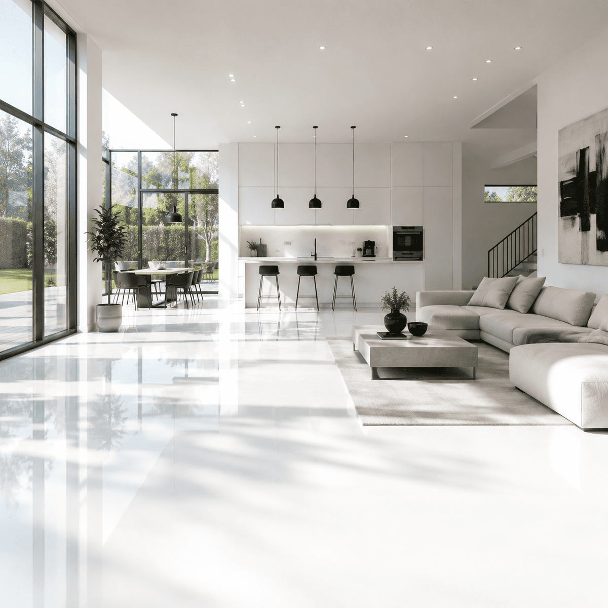 Serin Pure White Designboden in modernem Wohnraum mit offener Küche und bodentiefen Fenstern, fugenlose weiße Oberfläche mit lichtreflektierender Optik.