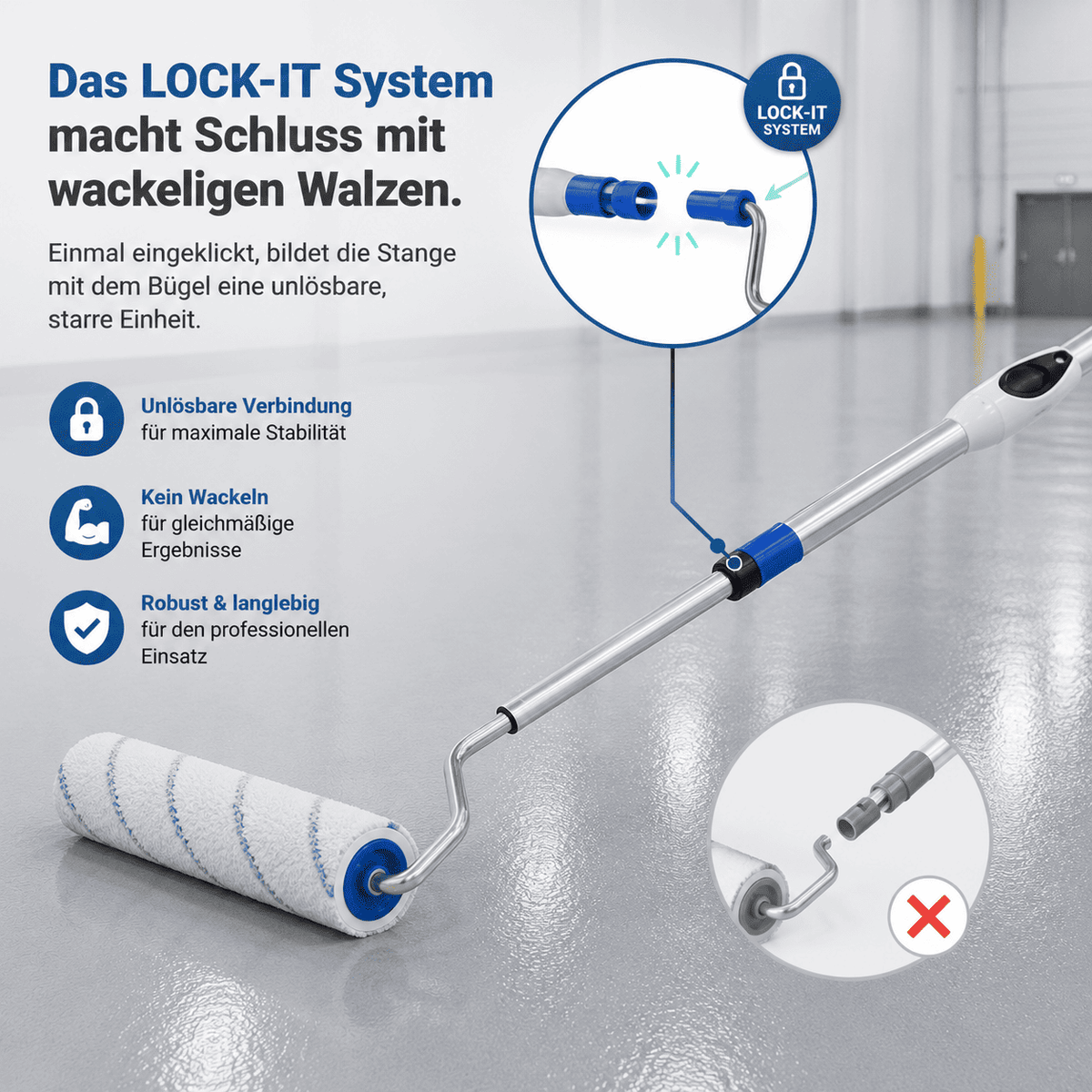 Farbwalze mit LOCK-IT Teleskopstange für wackelfreies Auftragen von Epoxidharz-Beschichtungen