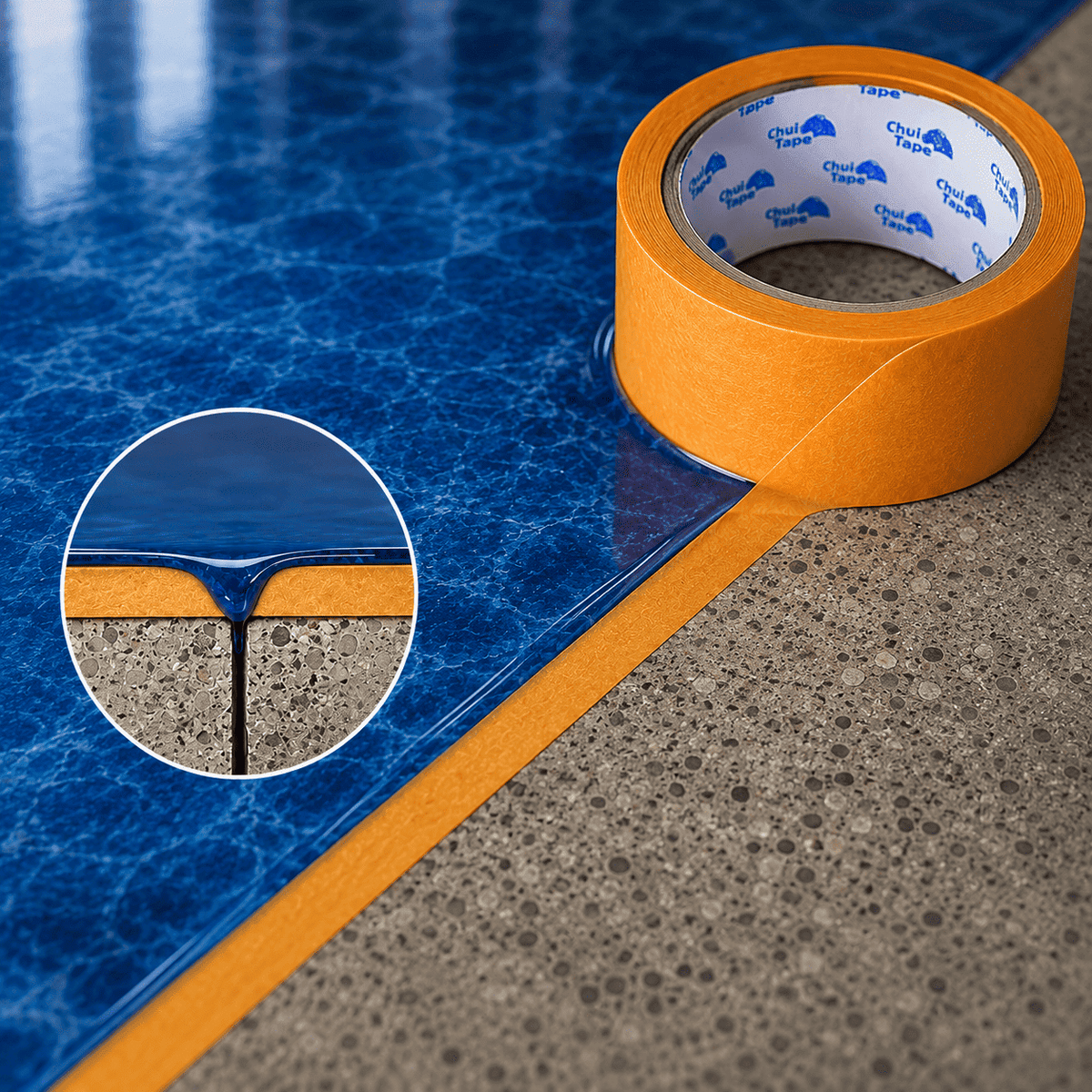Oranges Washi-Abdeckband zum Abkleben einer Fuge vor der Epoxidharzbeschichtung für saubere Übergänge und präzise Kanten.