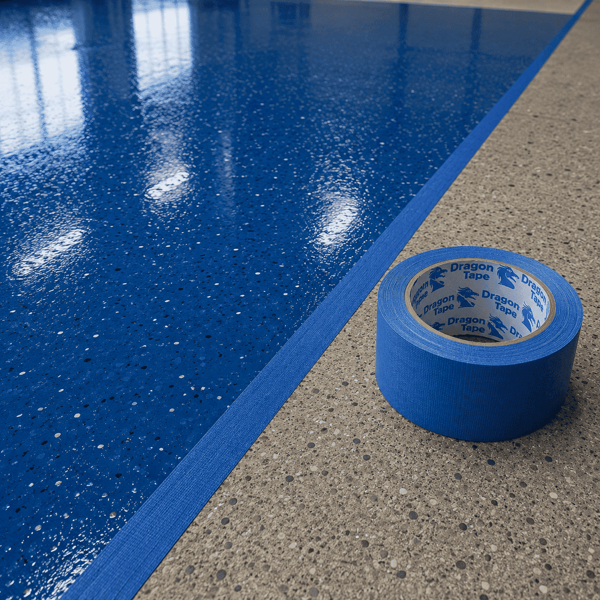Blaues Dragon Tape Abdeckband neben einer blau gesprenkelten Epoxidharzfläche für präzise Abklebungen und saubere Beschichtungskanten.