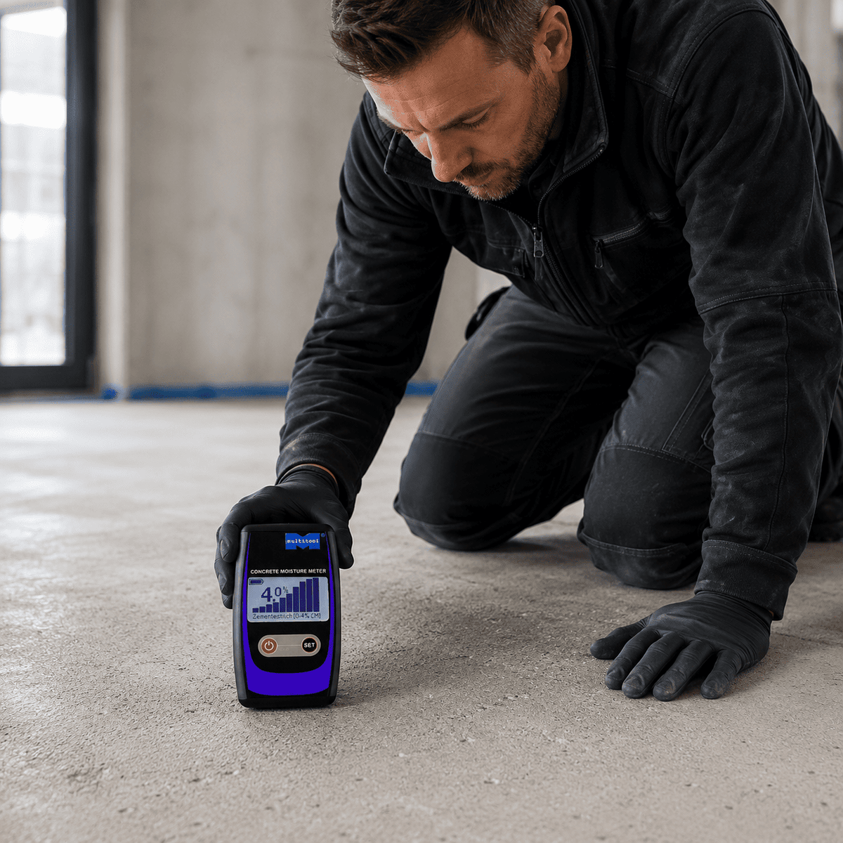 Handwerker misst die Restfeuchte eines Zementestrichs mit einem digitalen Feuchtigkeitsmessgerät auf einer Betonfläche.