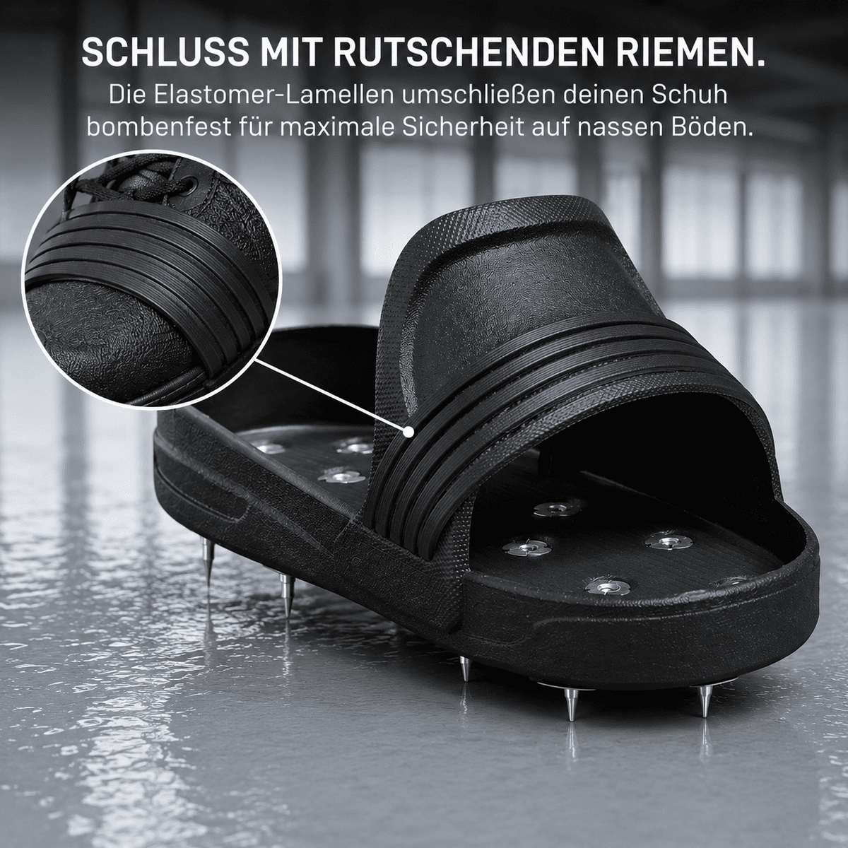 Nagelschuhe mit elastischen Lamellen für sicheren Halt auf nassen Epoxidharz-Böden
