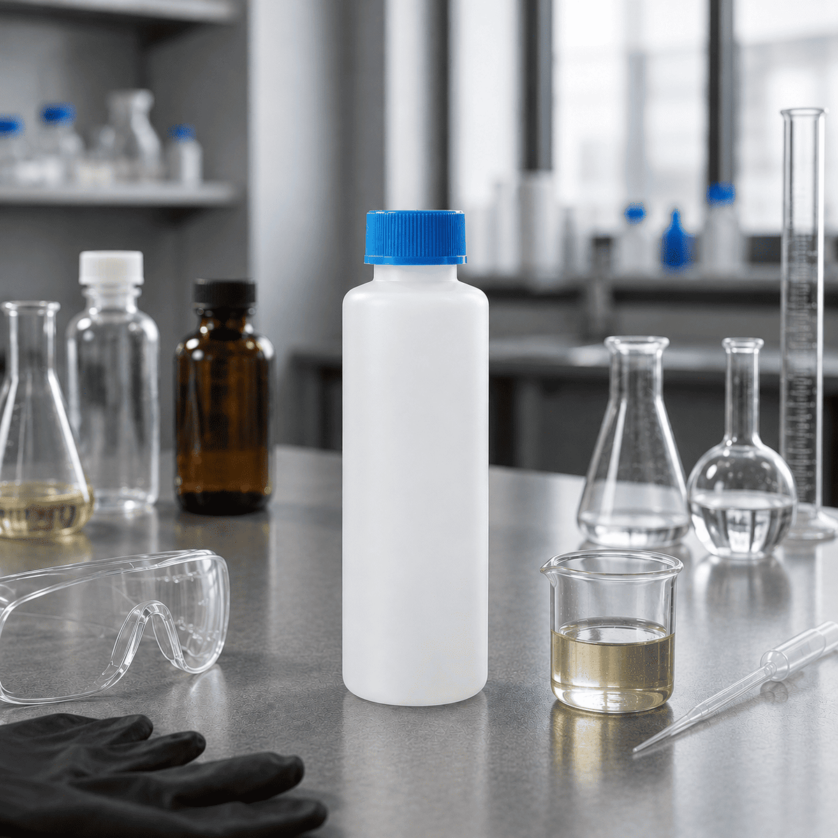 Weiße Probenflasche mit blauem Schraubverschluss im Laborumfeld