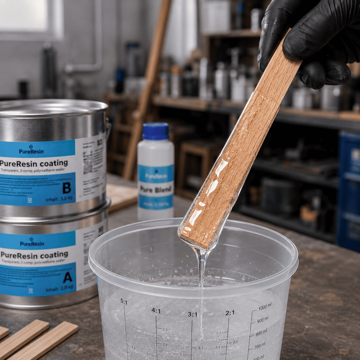 Holzrührstab prüft die Viskosität von transparentem Epoxidharz im Mischbecher neben PureResin Coating und Pure Blend.