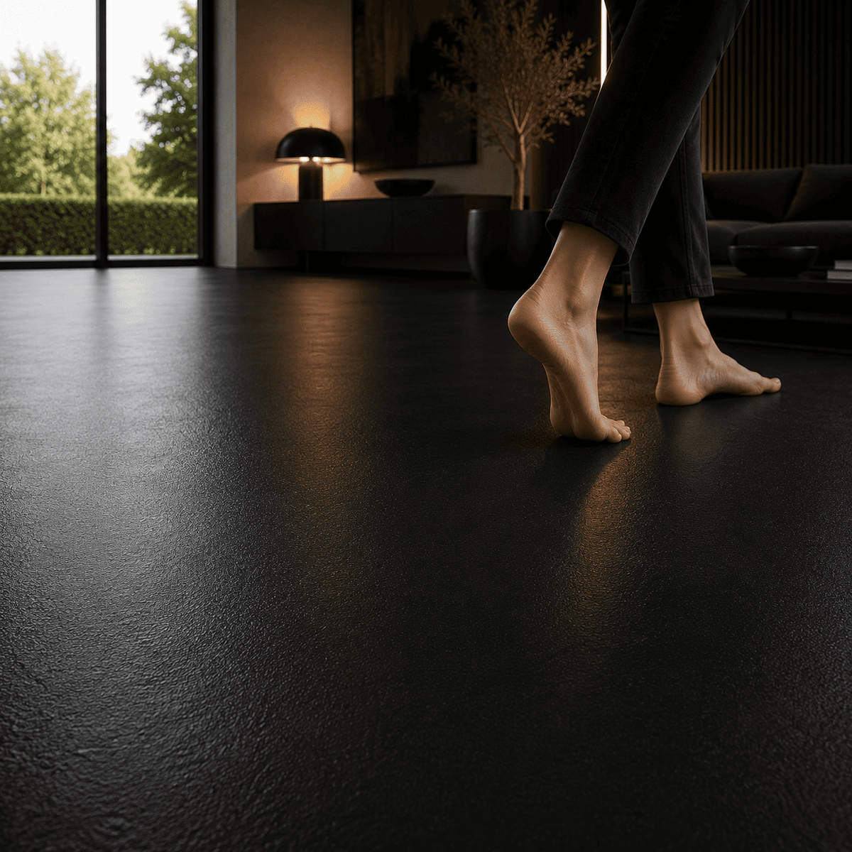 Serin Pure Black Designboden mit matter, fugenloser Oberfläche in modernem Wohnraum, barfuß begangen für hohen Gehkomfort.