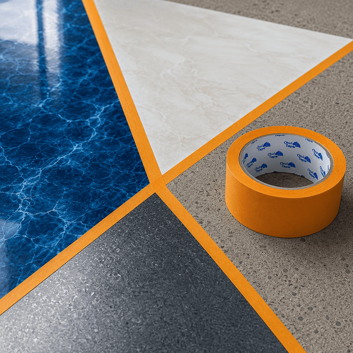 Oranges Washi-Abdeckband für präzise Farbkanten zwischen verschiedenen Epoxidharz- und Designbodenoberflächen.
